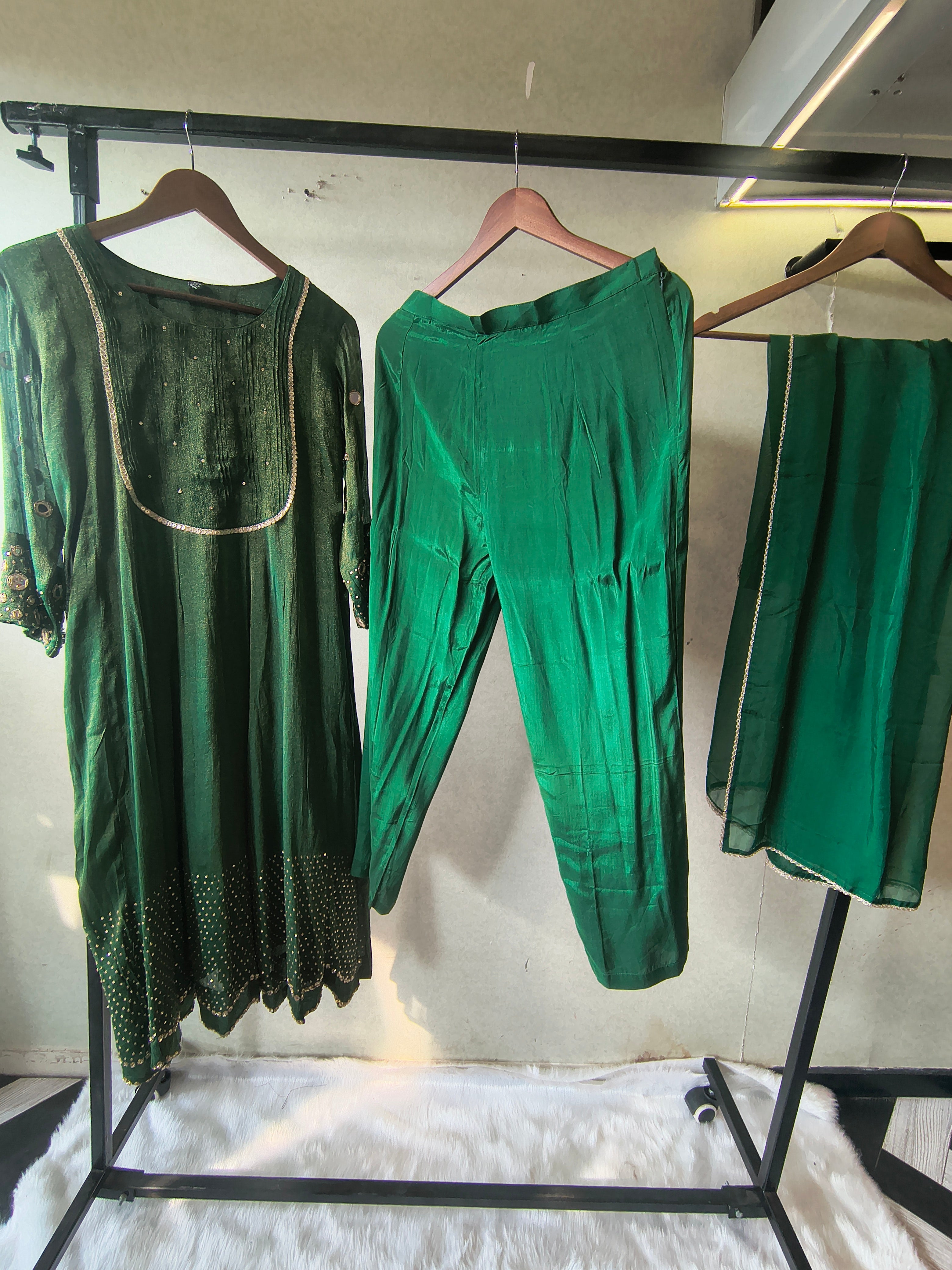 Image of Emerald Green Georgette Anarkali Suit Set with Pintuck Yoke, Sequin Detailing & Lace Border Dupatta – Premium 3 Piece Ethnic Ensemble
