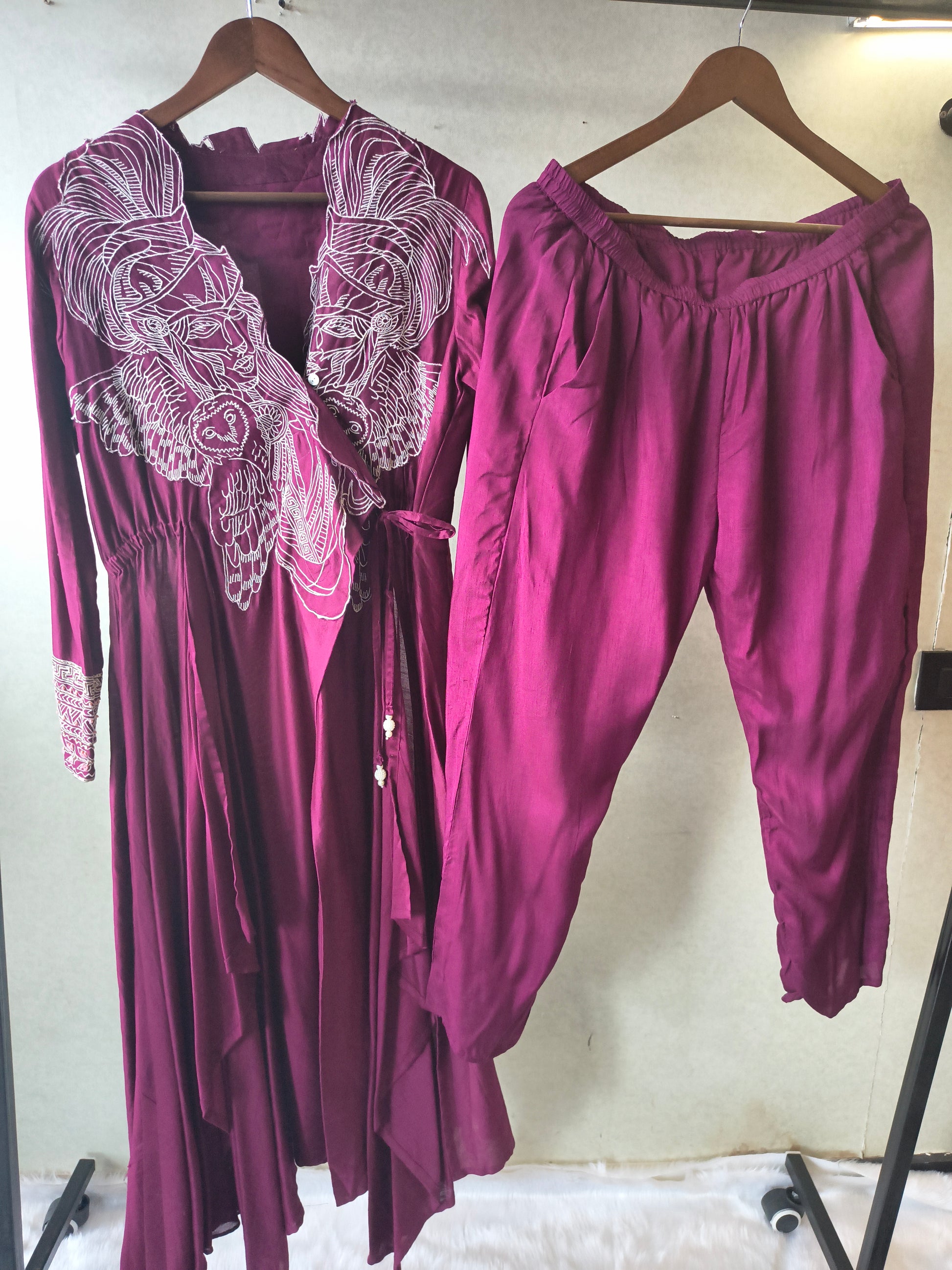 Wine Embroidered Wrap Style Indo-Western Jacket with Dhoti Pants – Designer 2 Piece Fusion Set
