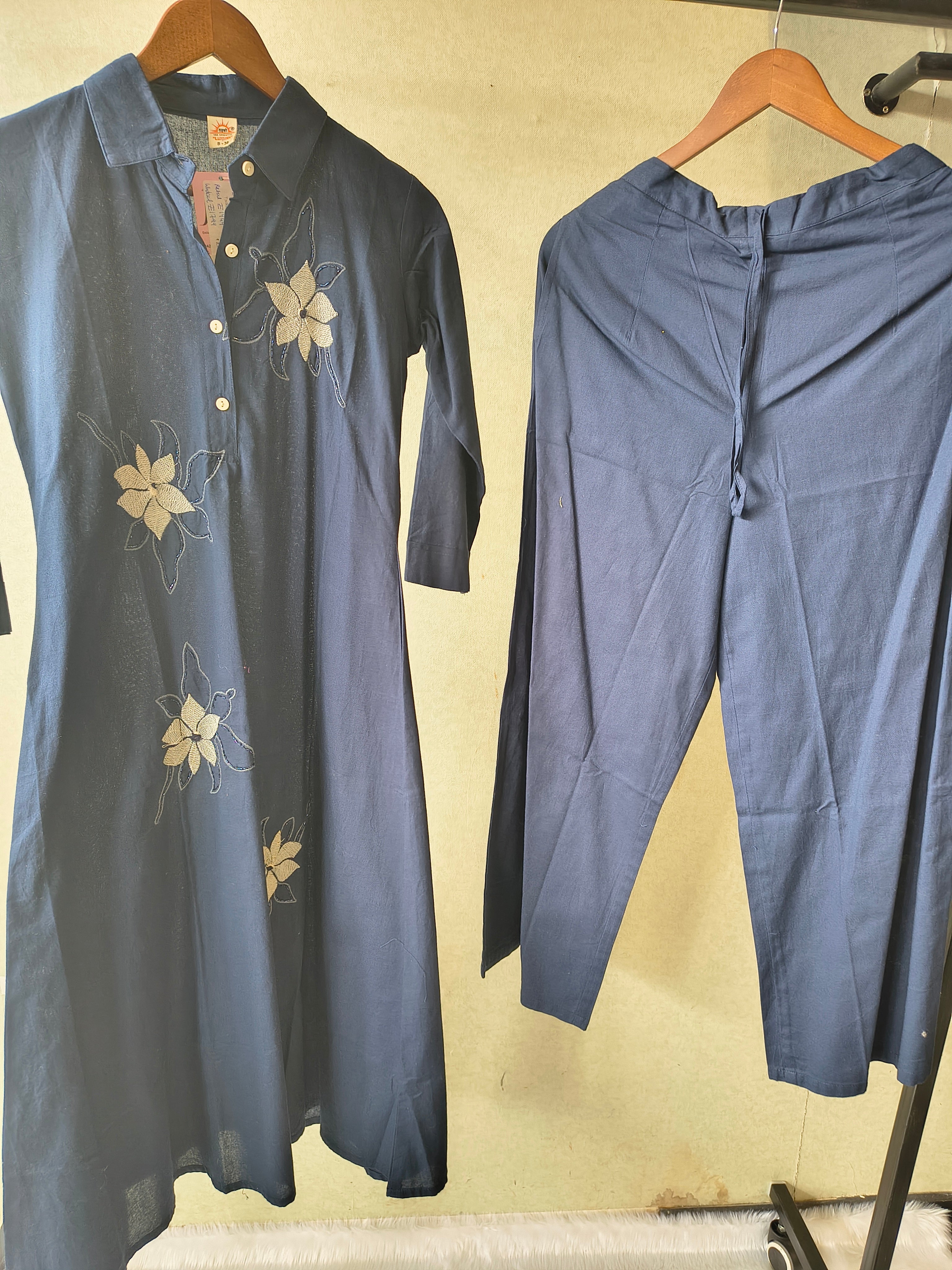 Image of Tadko Premium Navy Blue A-Line Kurta Set with Floral Appliqué Embroidery & Straight Pants