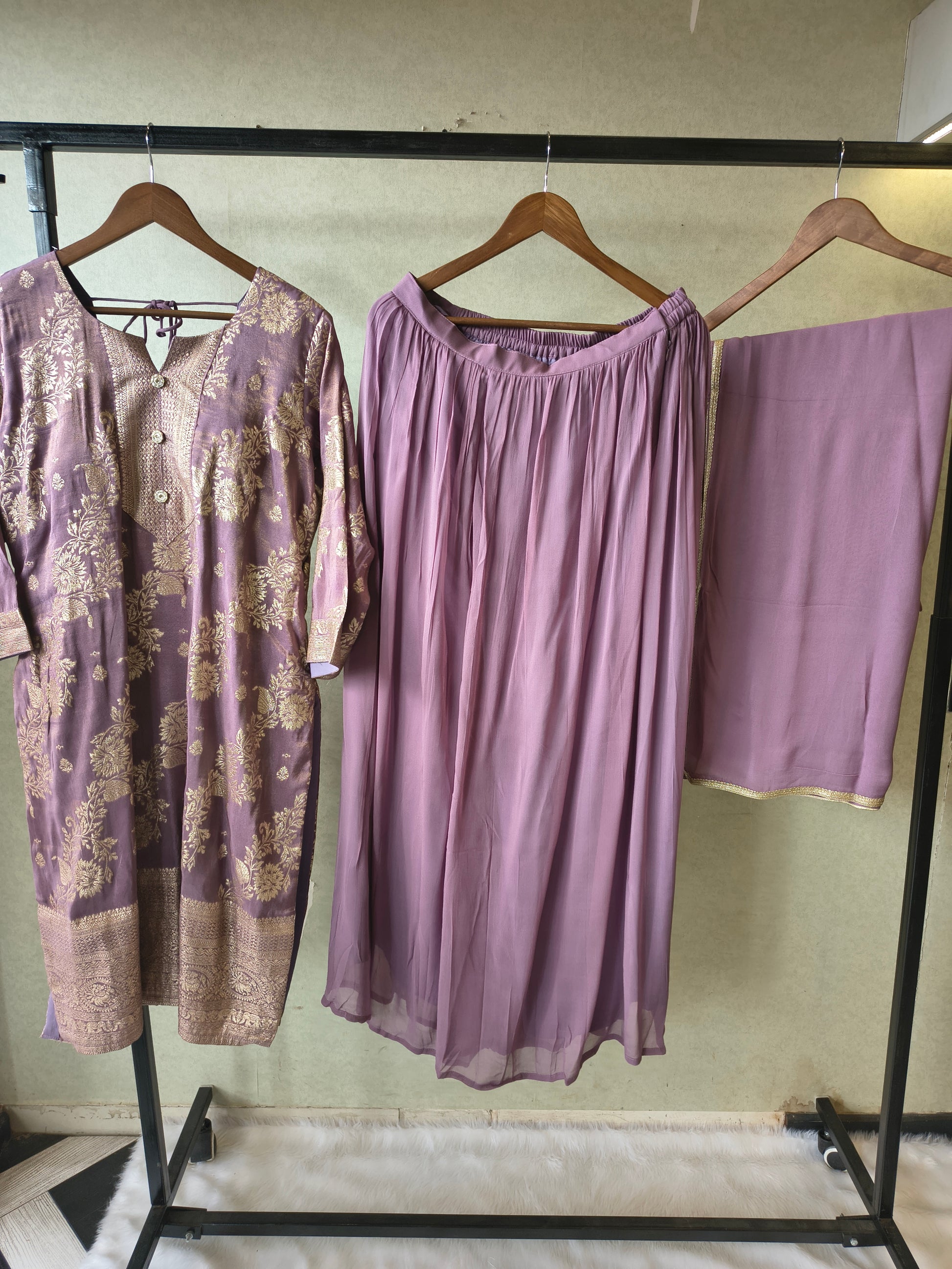 Premium Lavender Jacquard Straight Kurta with Georgette Sharara & Dupatta Set