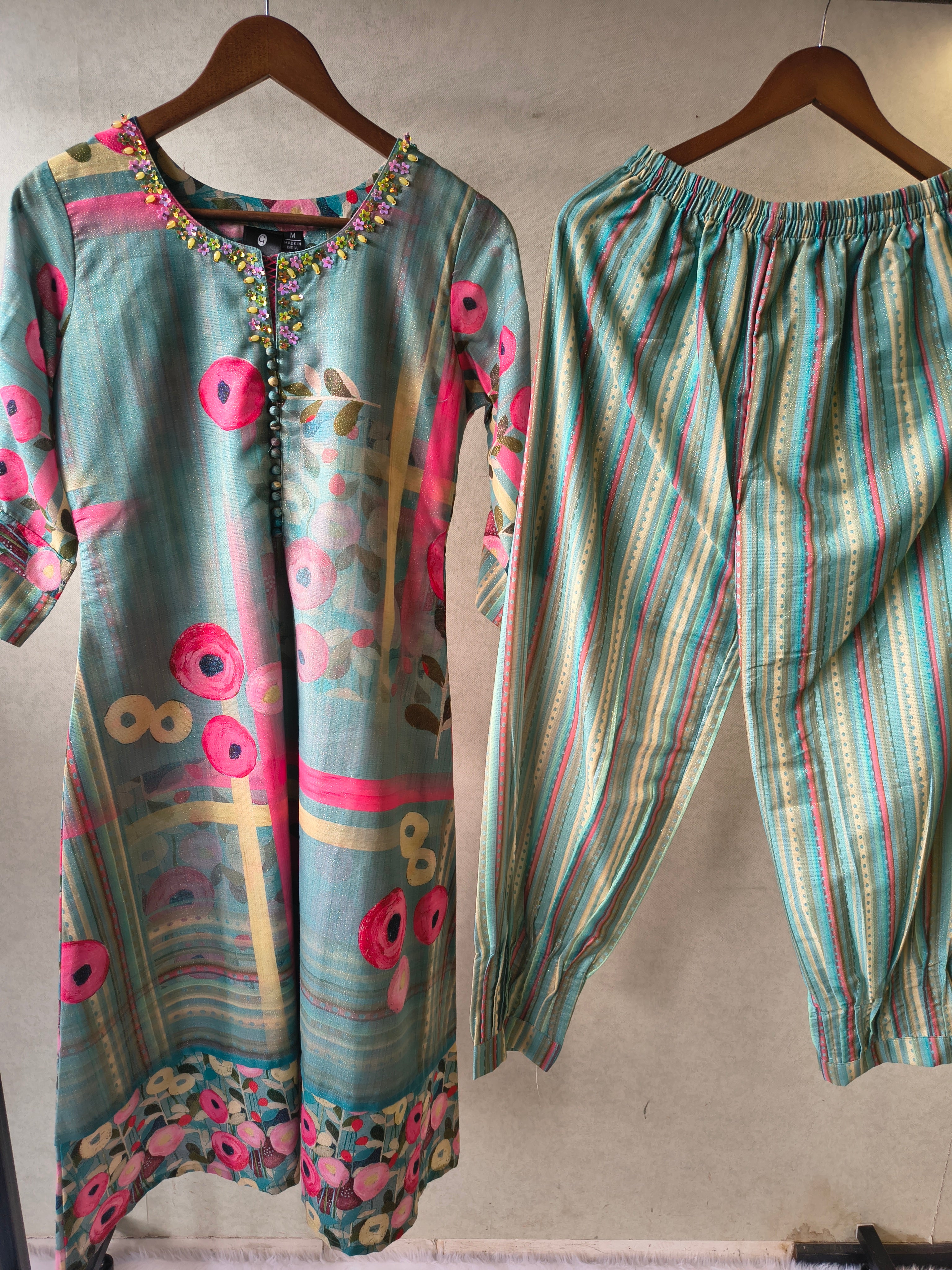 Image of Premium Aqua Blue Artistic Printed Kurta with Striped Pants Co-Ord Set