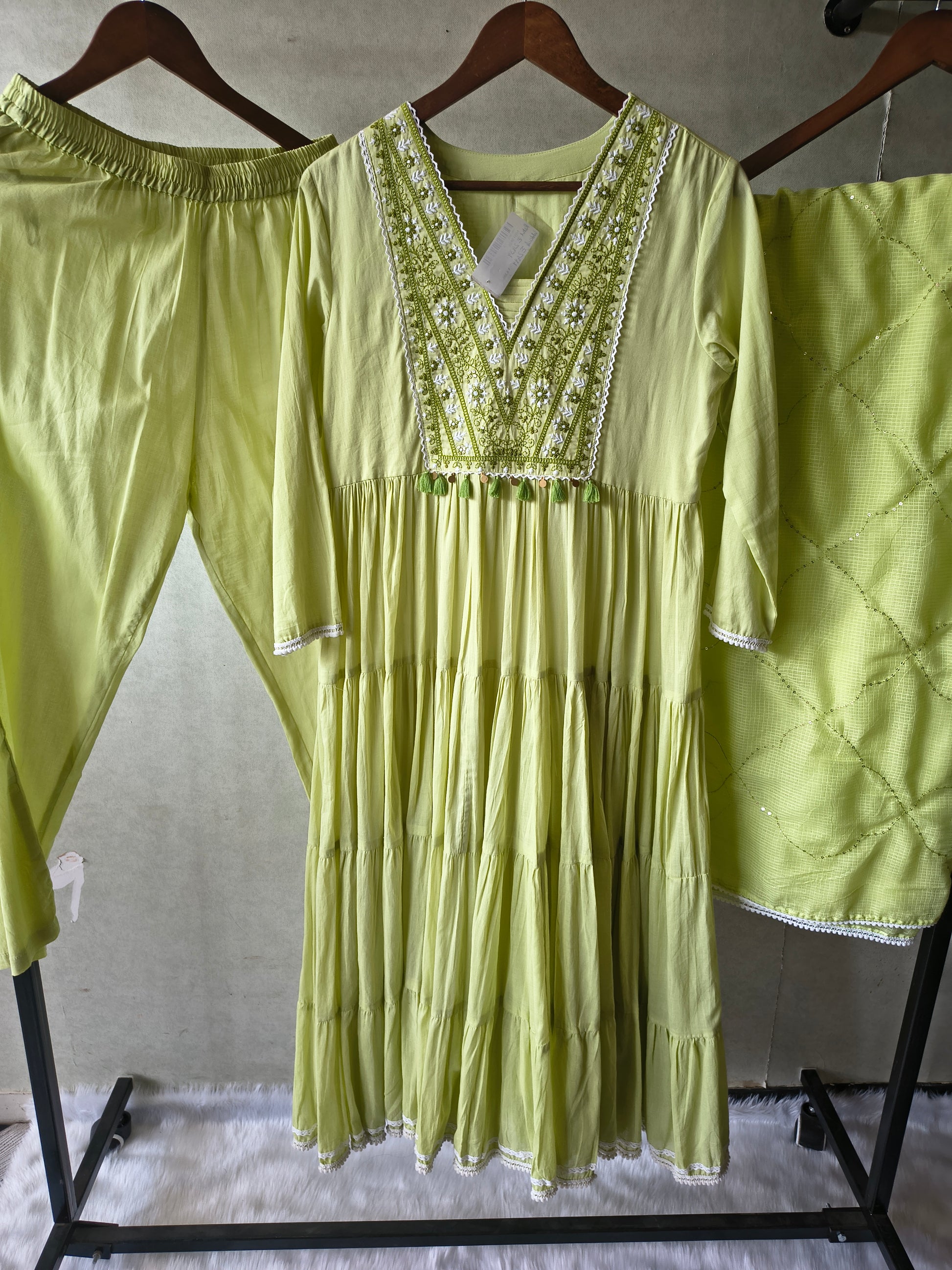 Lime Green Cotton Tiered Kurta Set with Embroidered Yoke & Quilted Dupatta