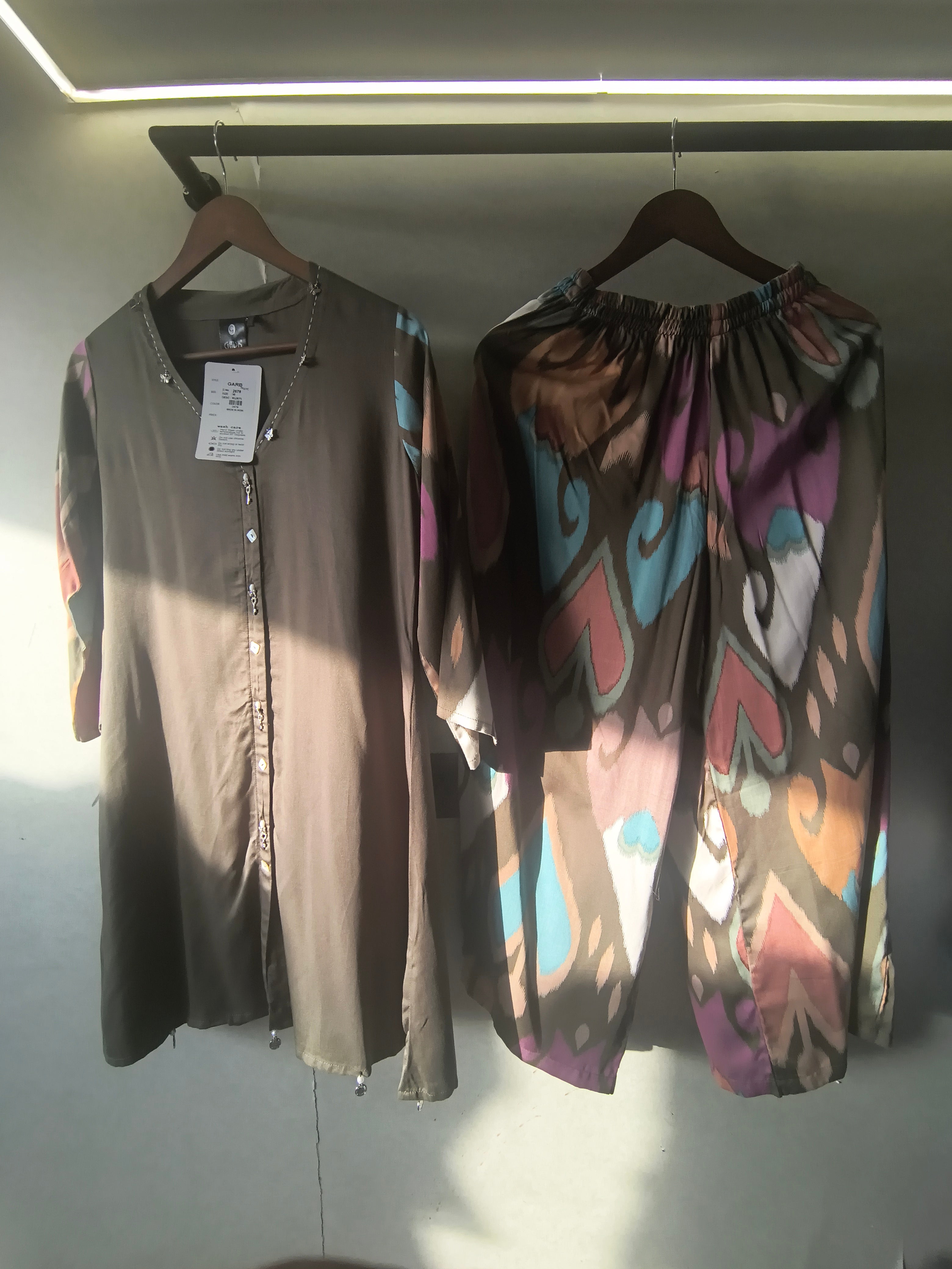 Image of Olive Green Designer Co-Ord Set with Abstract Printed Pants & Embellished Neckline