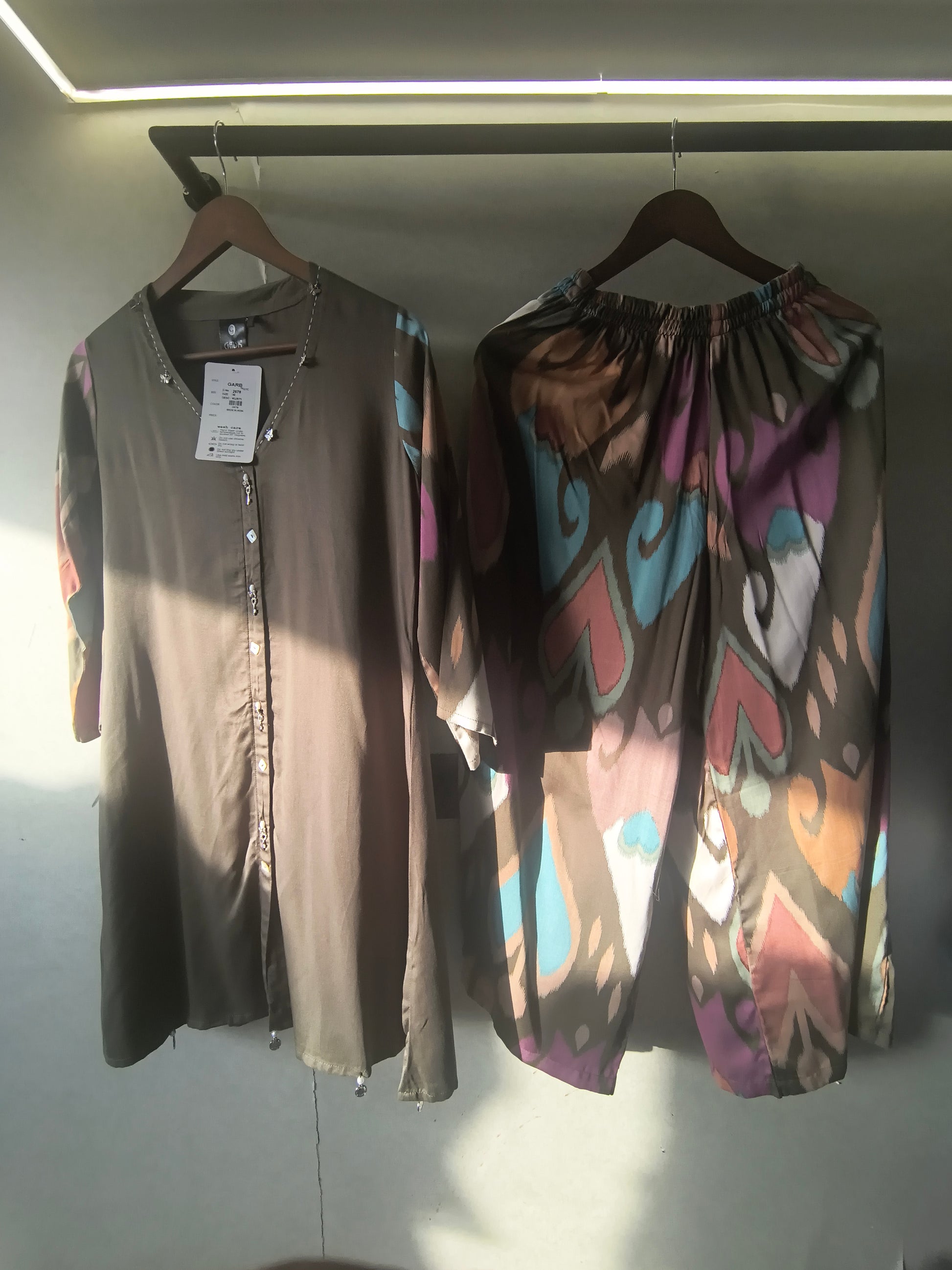 Olive Green Designer Co-Ord Set with Abstract Printed Pants & Embellished Neckline