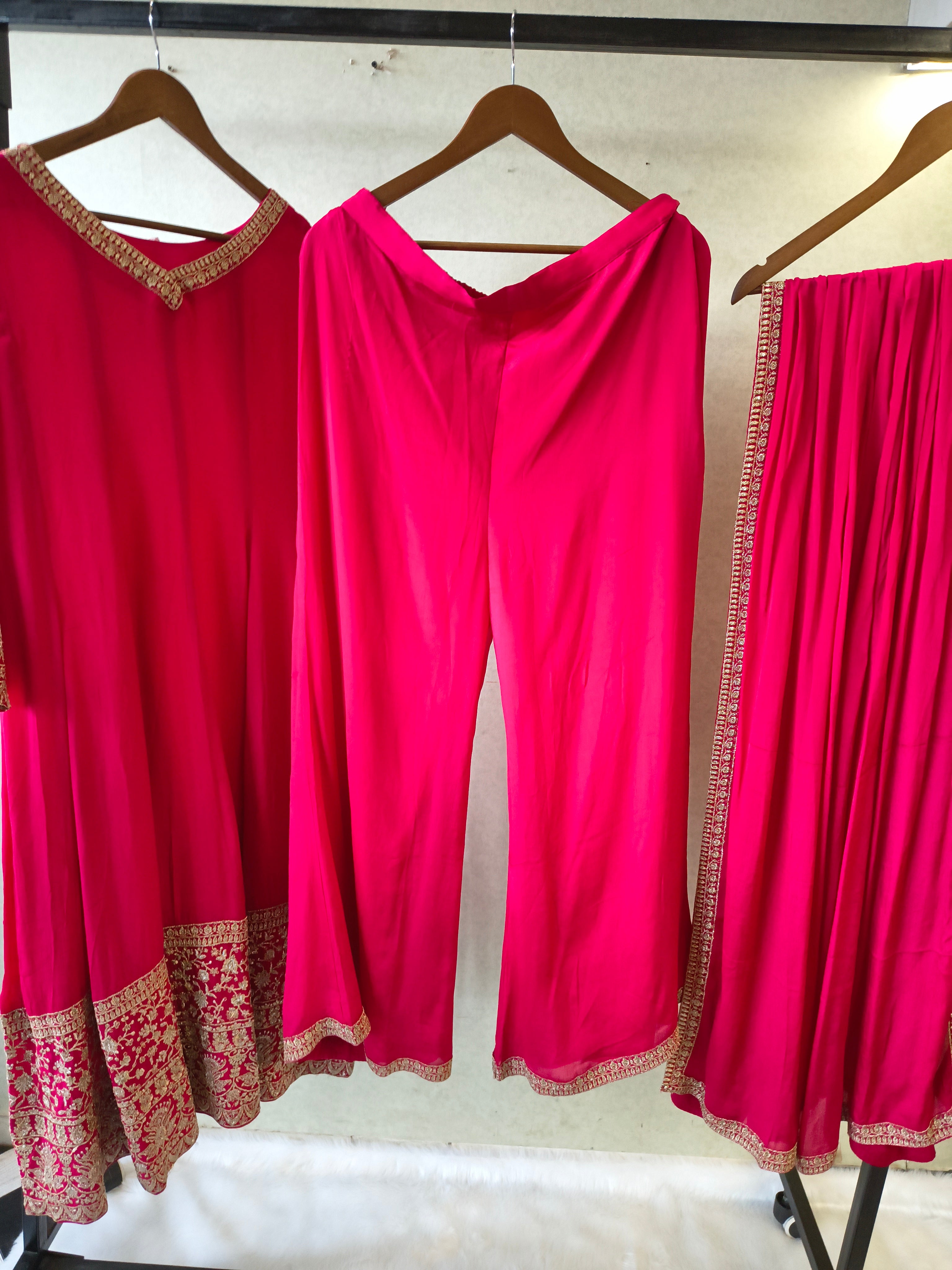 Image of Rani Pink Embroidered Straight Kurta Set with Dupatta | Premium 3 Piece Festive Ethnic Suit