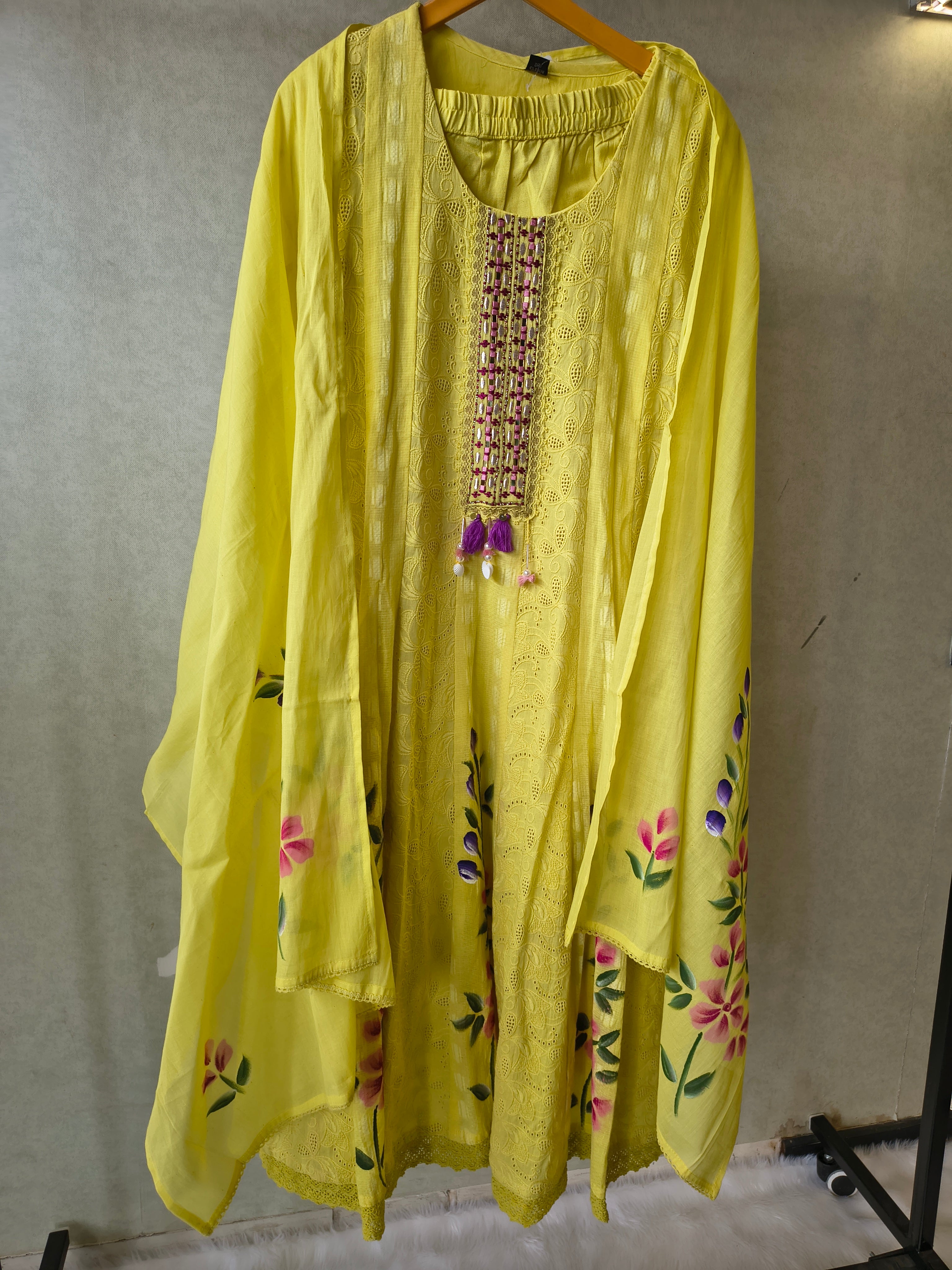 Image of Premium Sunshine Yellow Schiffli Embroidered Kurta Set with Floral Handwork & Dupatta