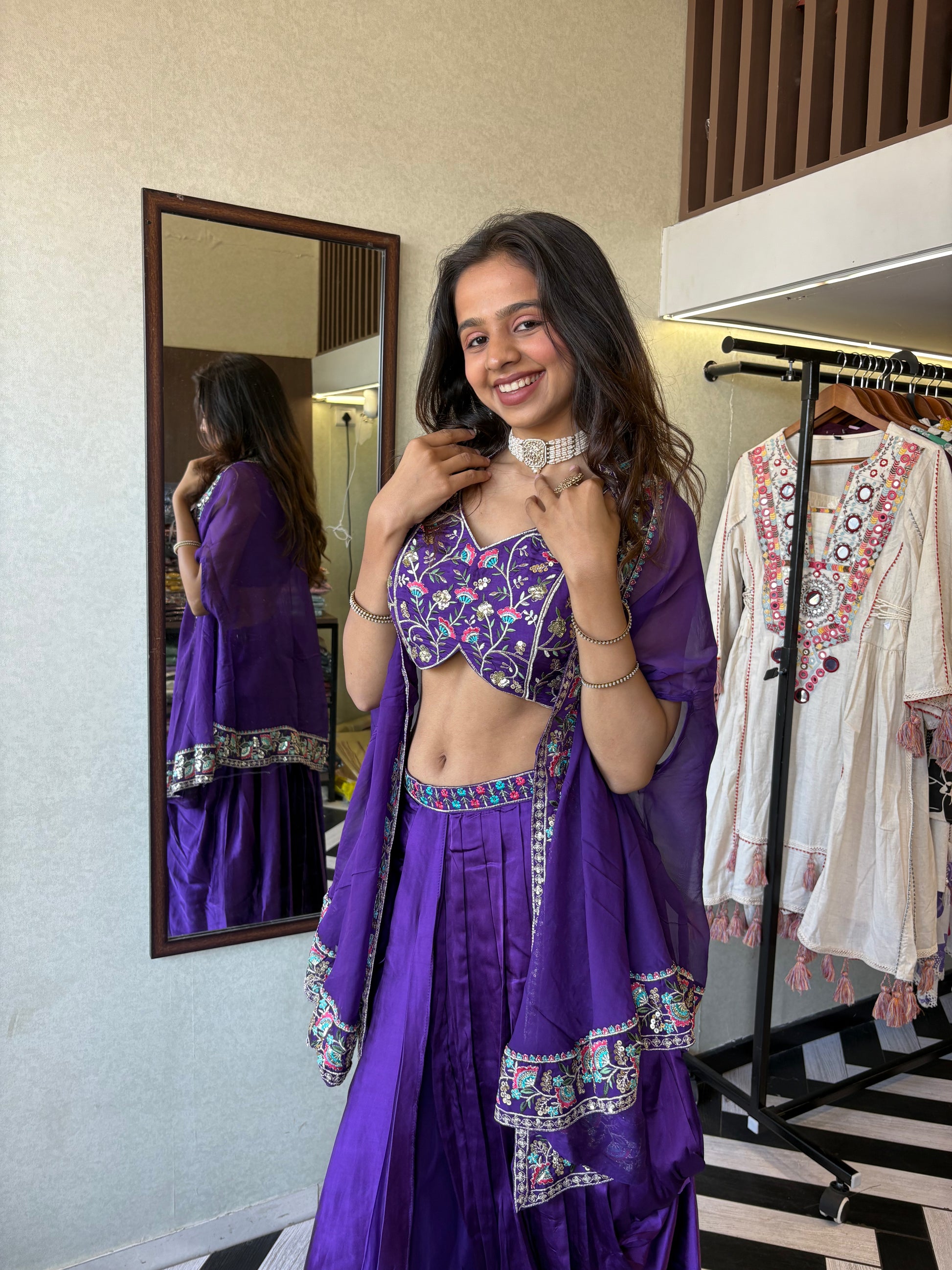 Elegance, Embroidery & the Perfect Drape - All in One Look!

Make your presence unforgettable in this pure crepe purple 3-piece Indo-Western. Full hand embroidery, flawless drape, and designer finishing - this is what statement style looks like