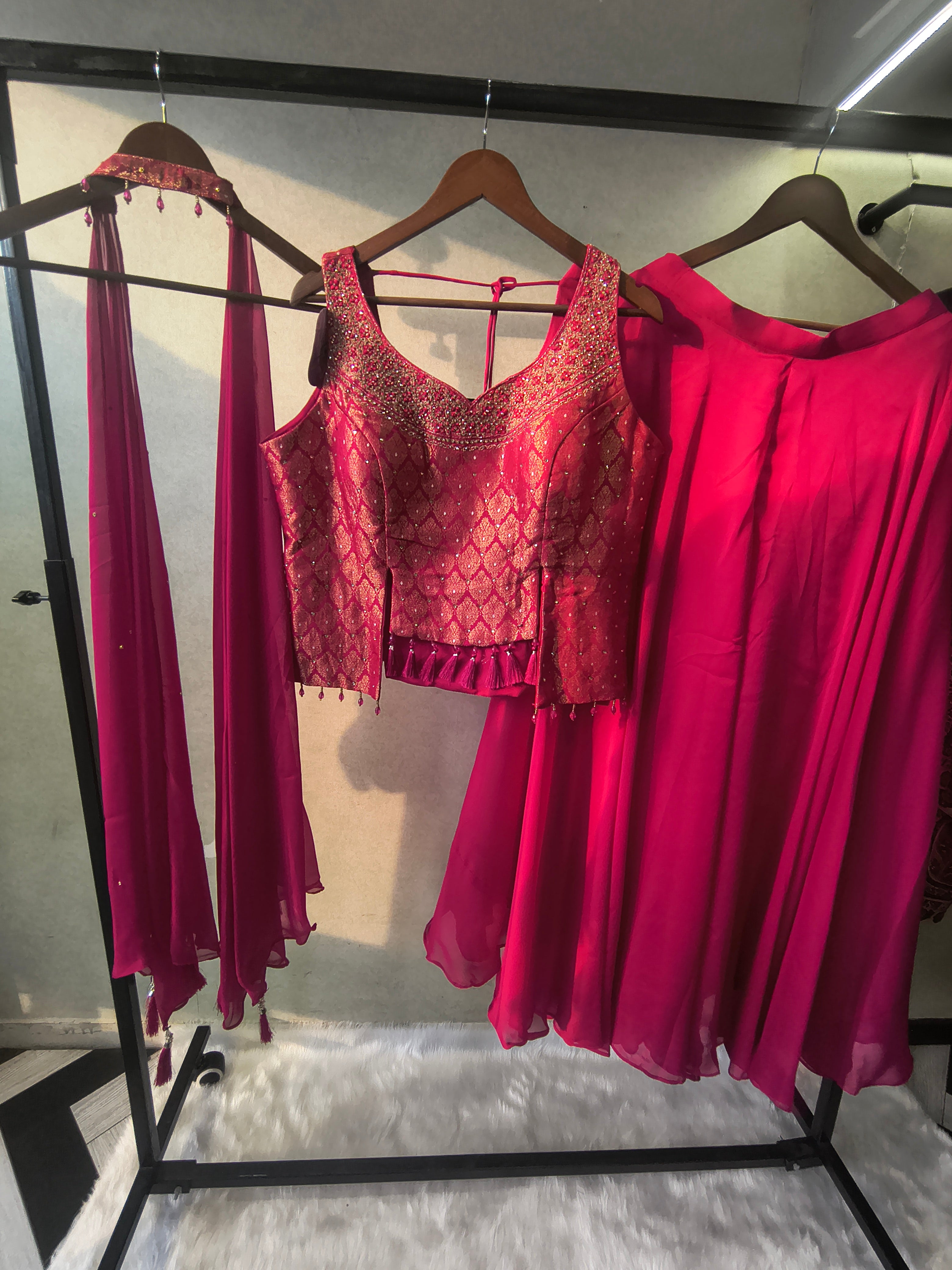 Image of Luxury Rani Pink Brocade Blouse with Flared Palazzo & Embellished Choker Dupatta – 3 Piece Designer Indo-Western Set