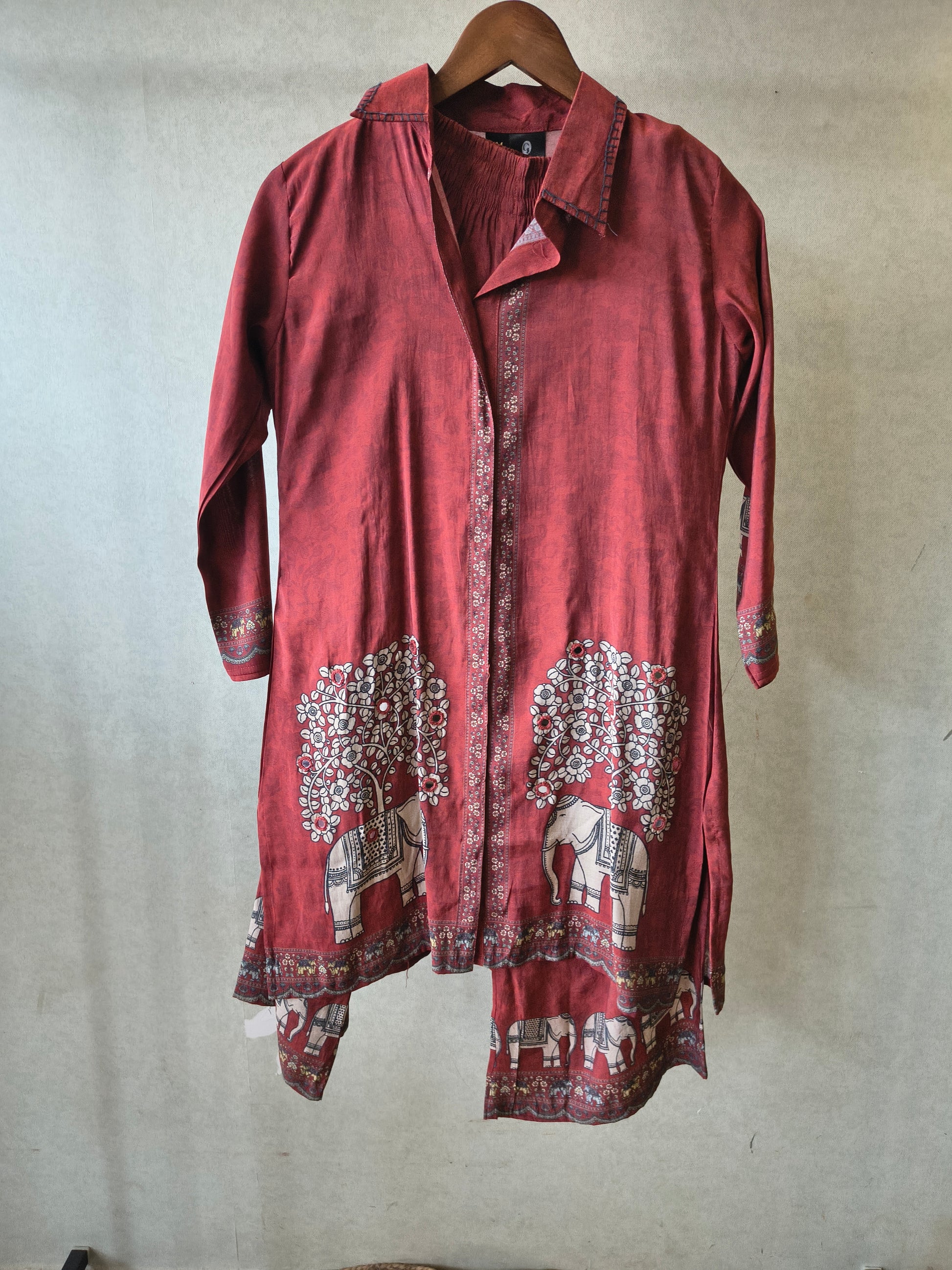 Rust Red Elephant Print Designer Co-Ord Set with Asymmetrical Hem