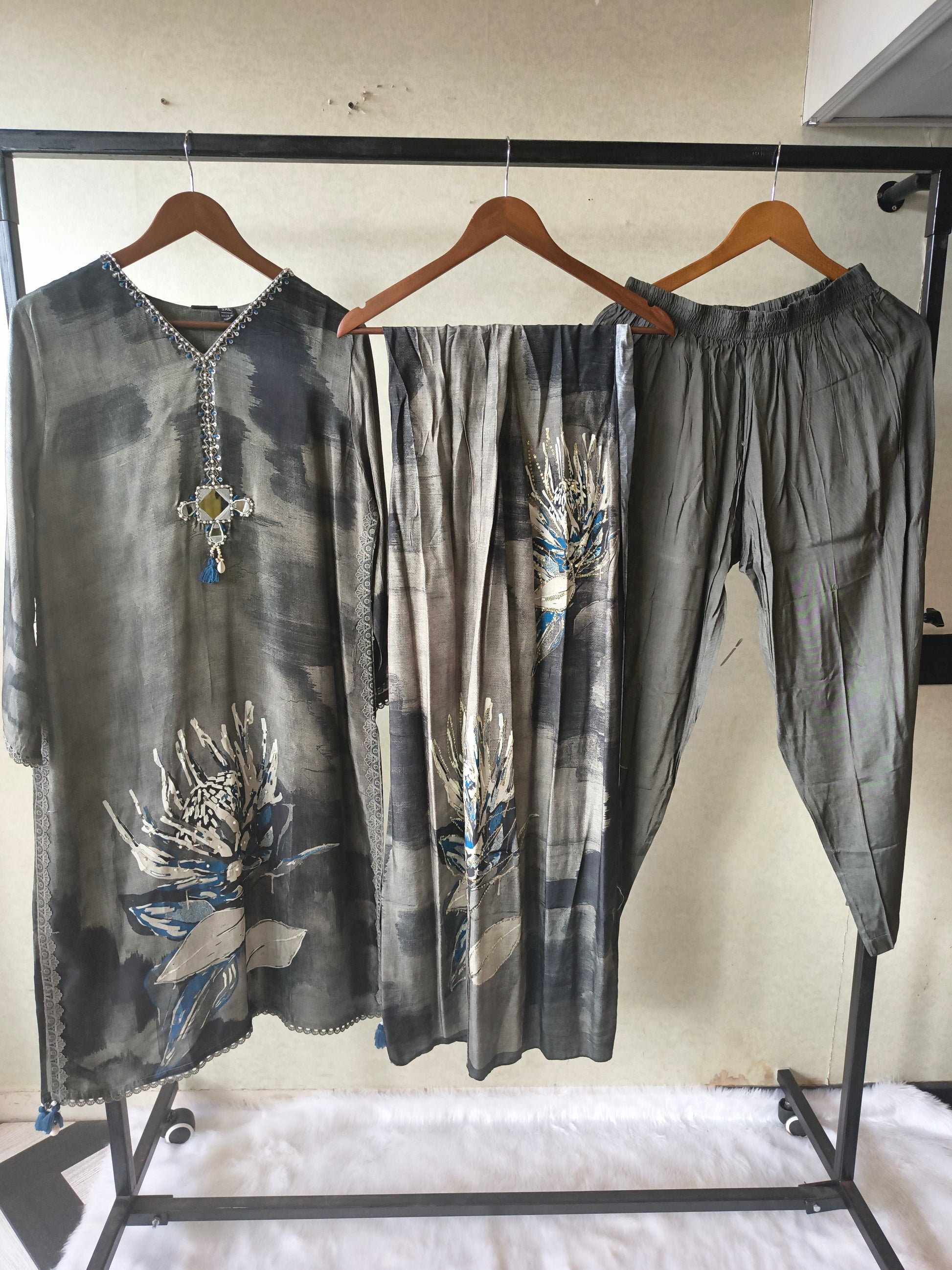 Premium Charcoal Grey Abstract Floral Printed Straight Kurta Set with Designer Neckline, Straight Pants & Printed Dupatta