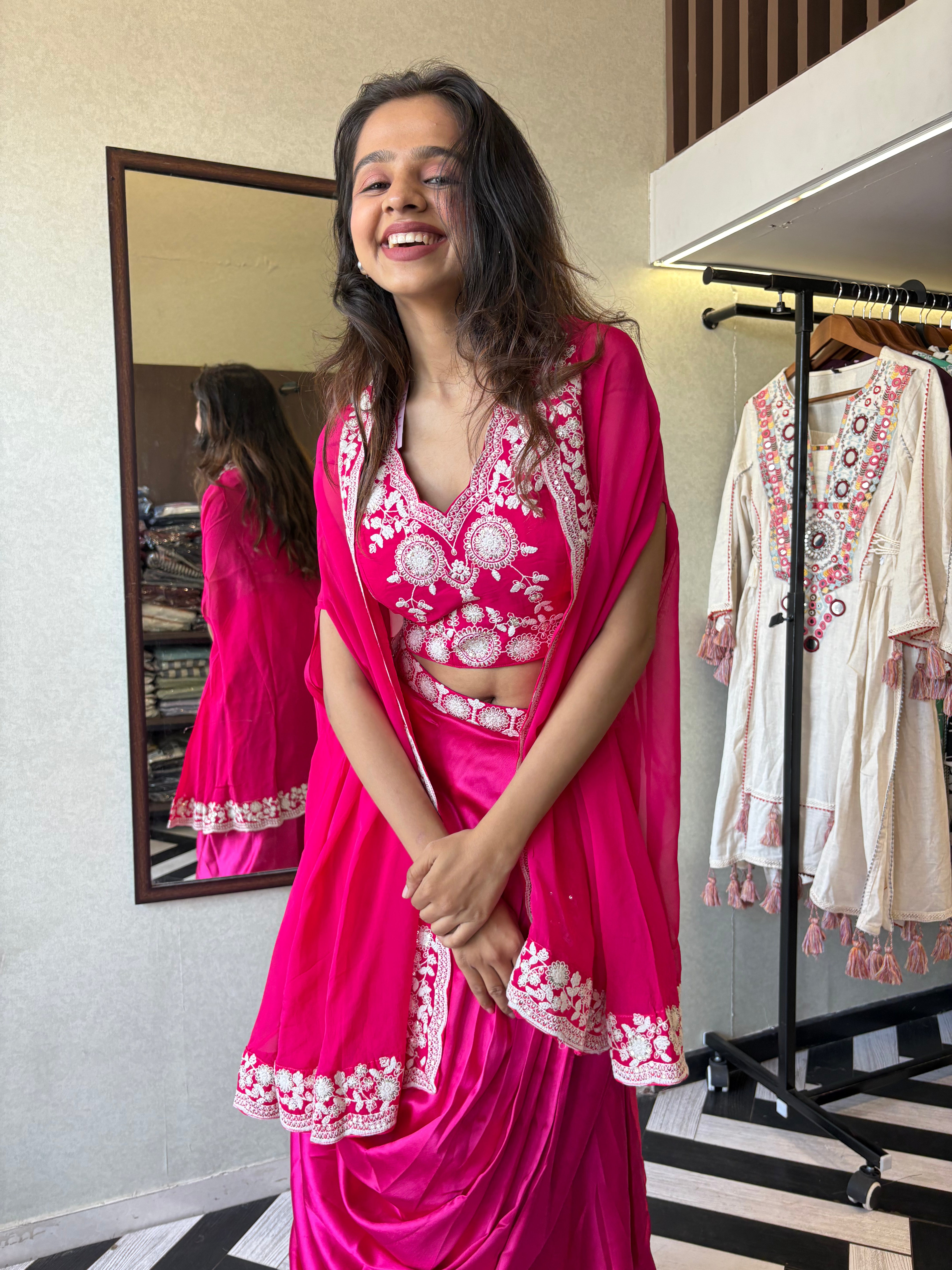 Pure crepe 3-piece Indo-Western beauty, featuring stunning hand embroidery and a drape-style silhouette that turns every occasion into a fashion moment.