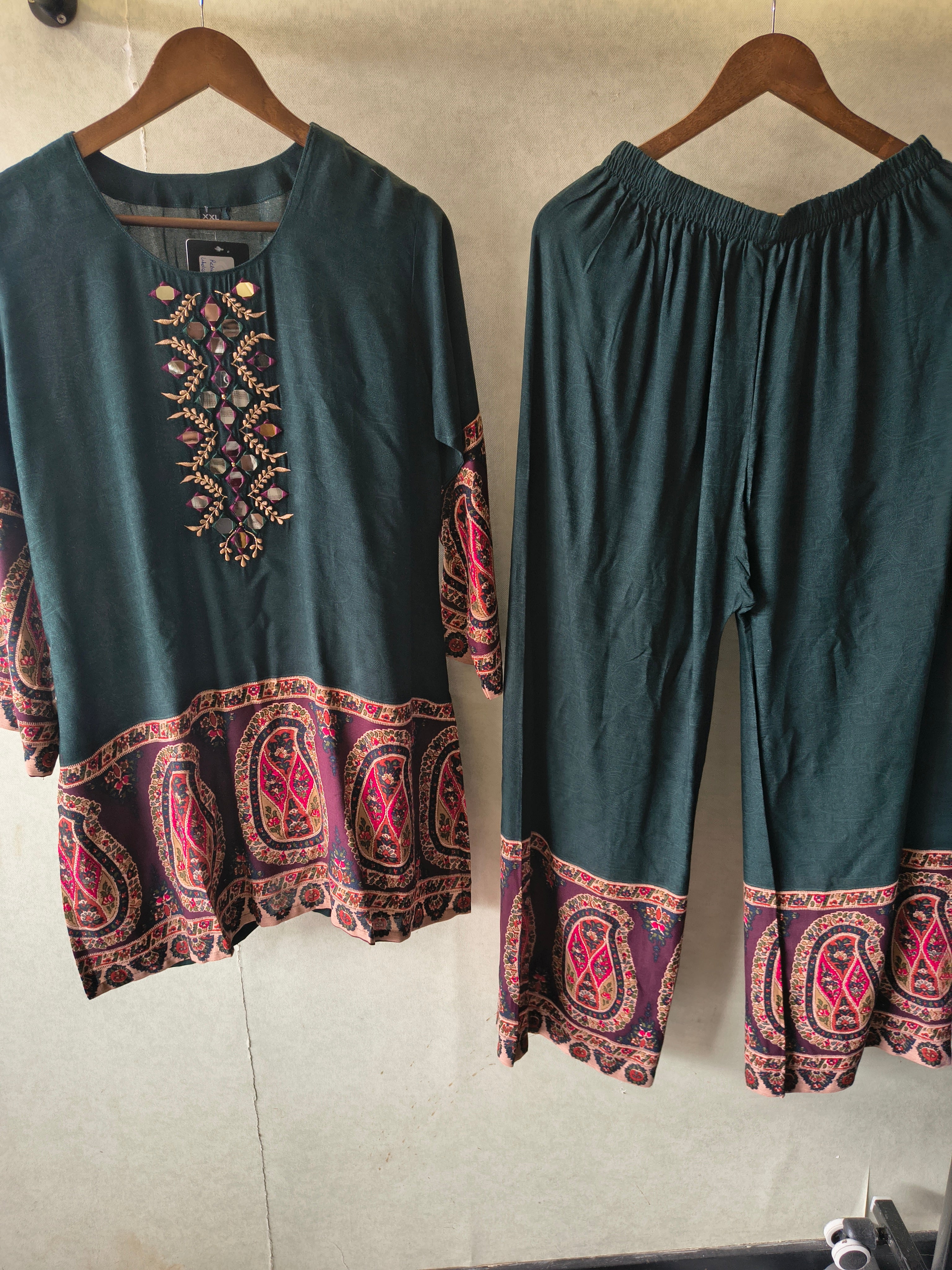 Image of Premium Teal Mirror Work Printed Kurta Pant Co-Ord Set