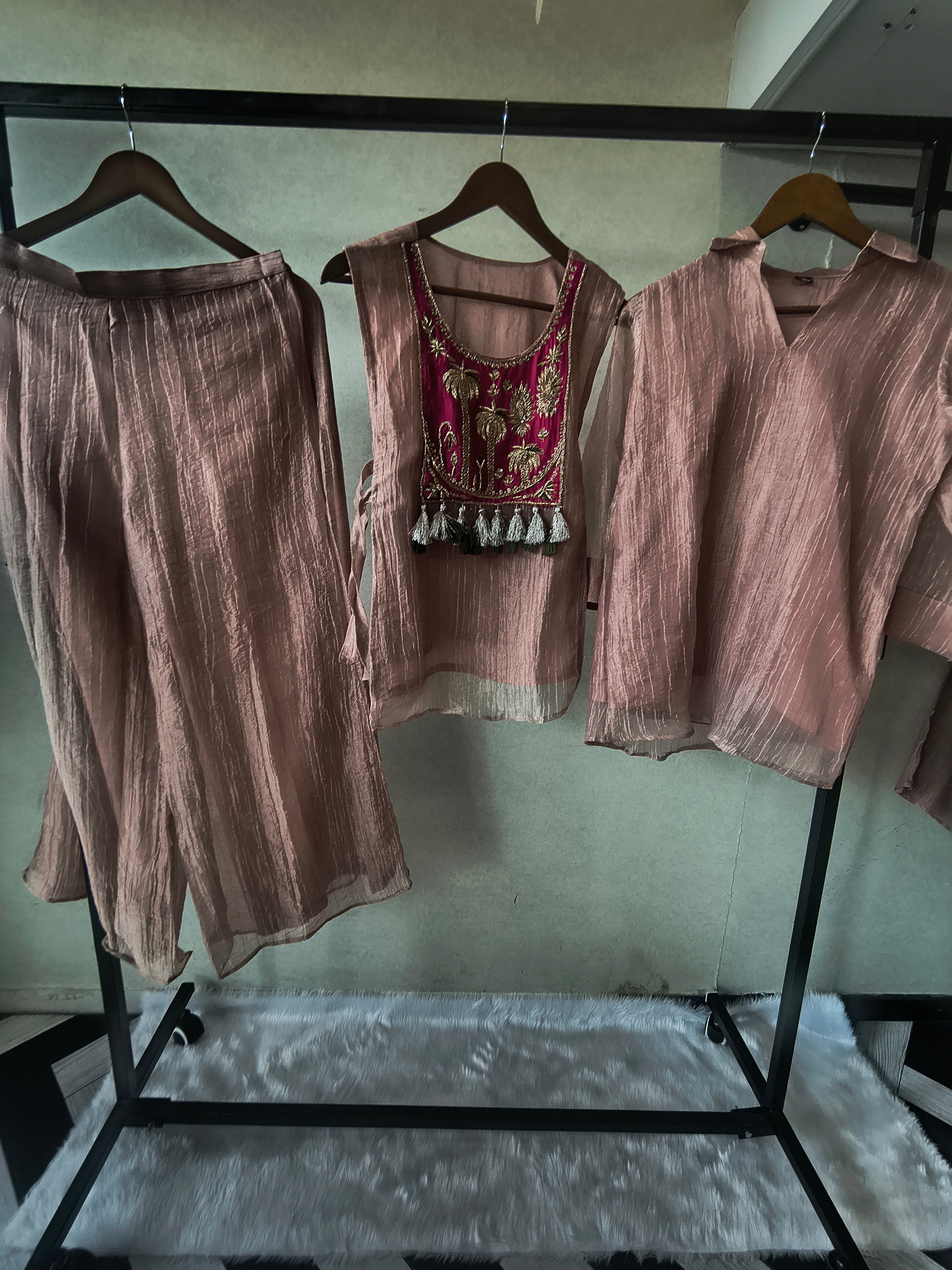 Image of Premium Rose Gold Tissue Silk 3-Piece Co-Ord Set with Hand Embellished Jacket, Inner & Palazzo
