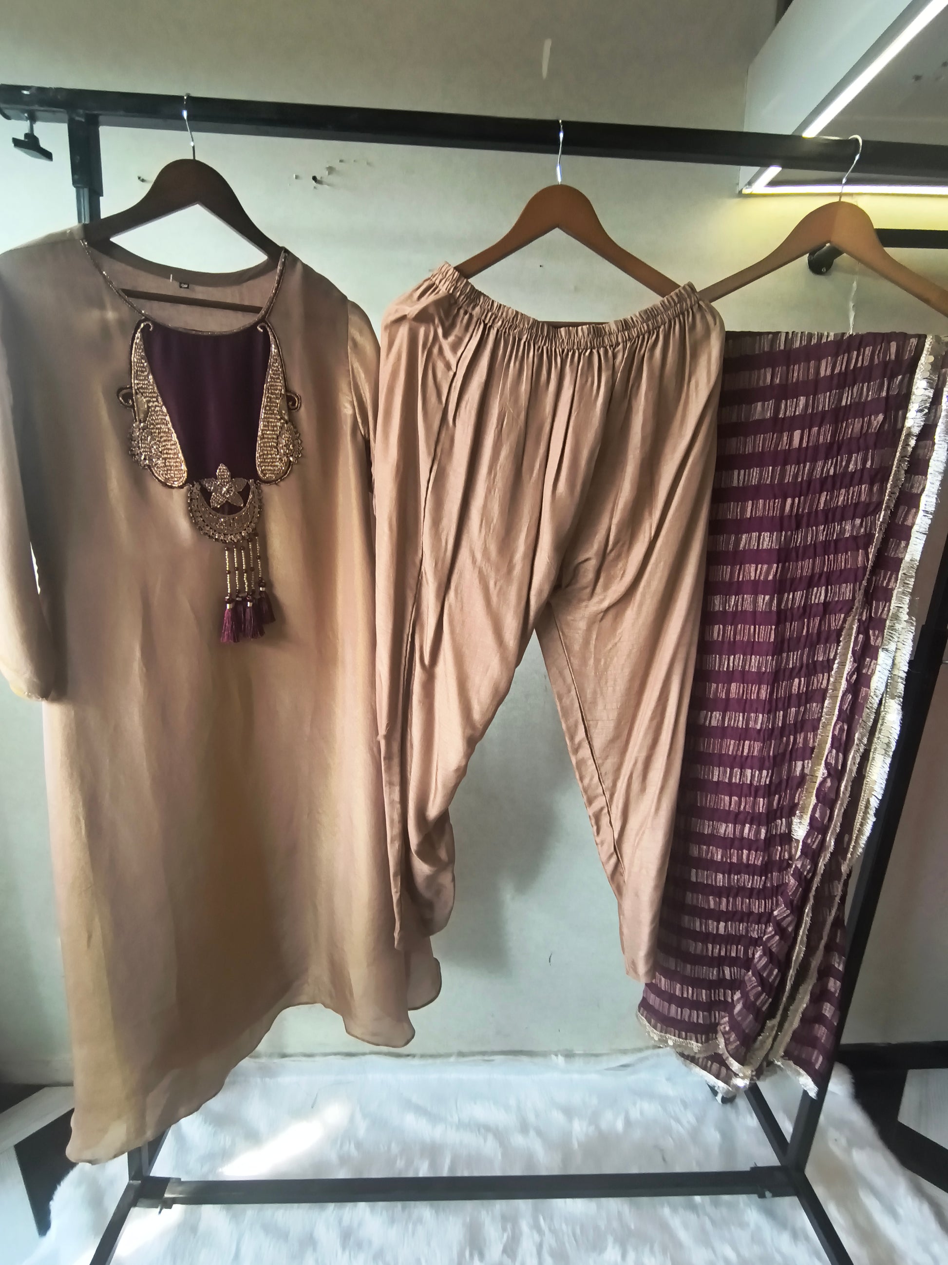 Champagne Gold Silk Blend Kurta Set with Statement Hand-Embellished Neckline & Striped Designer Dupatta – Premium 3 Piece Ethnic Ensemble