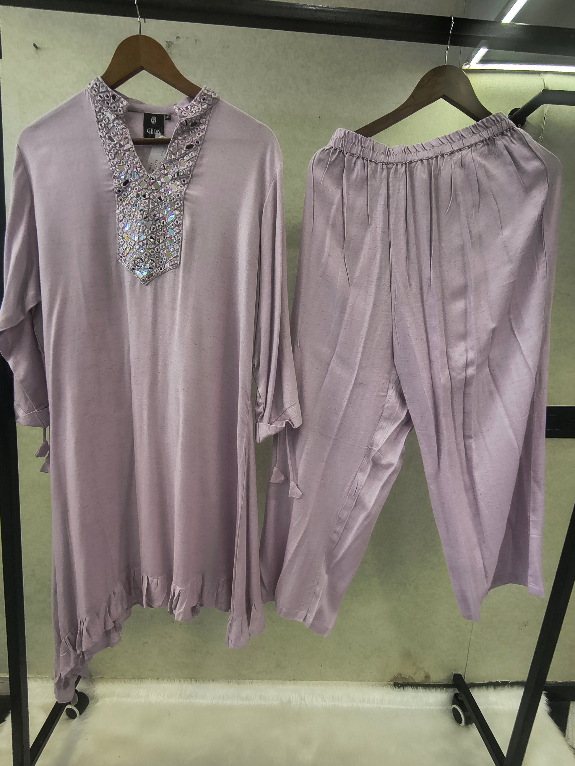 Premium Lilac Mirror Work Co-Ord Kurta Set with Designer Embellished Neckline