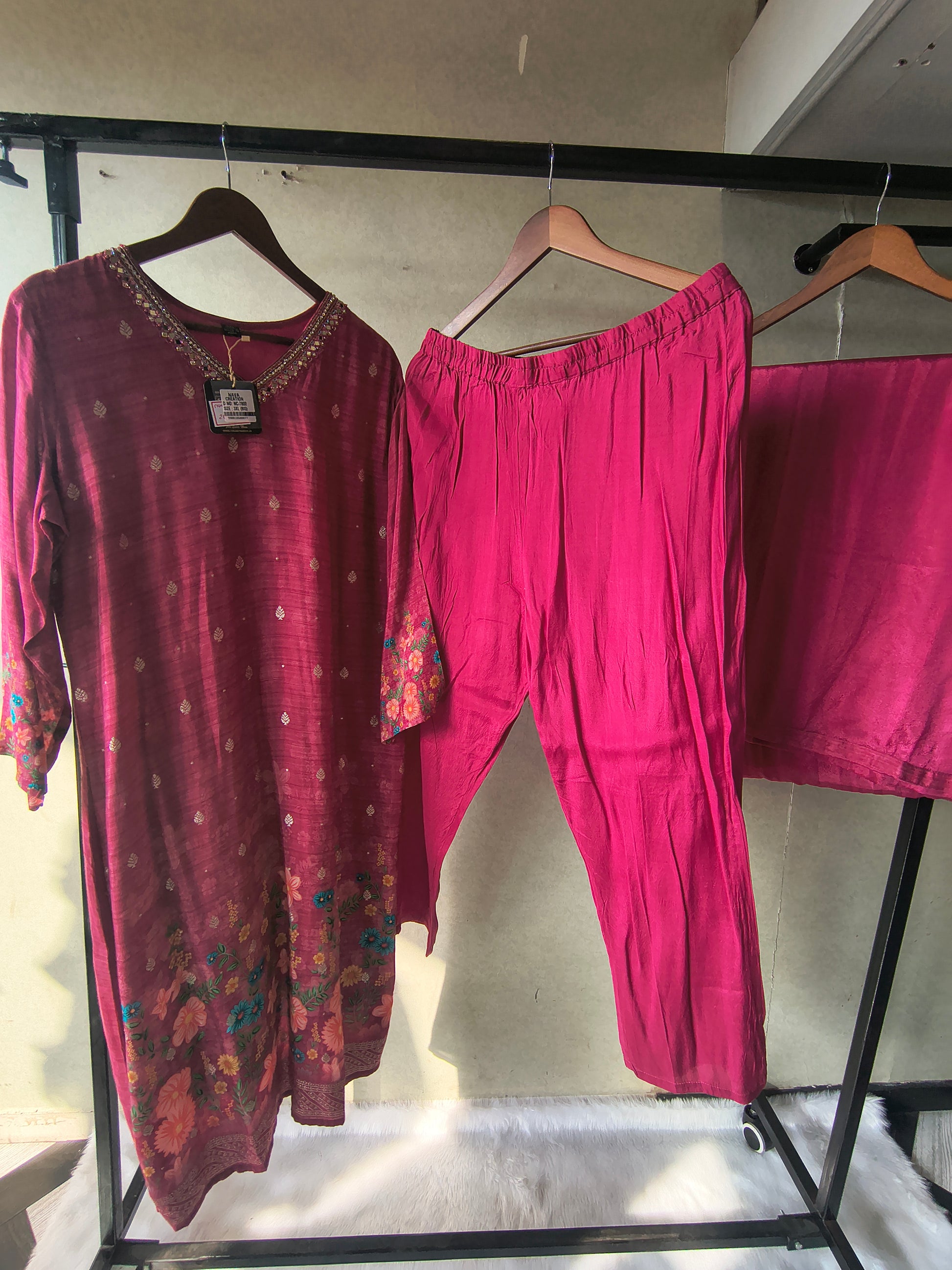 Premium Magenta Floral Printed Kurta Set with Solid Pants & Dupatta