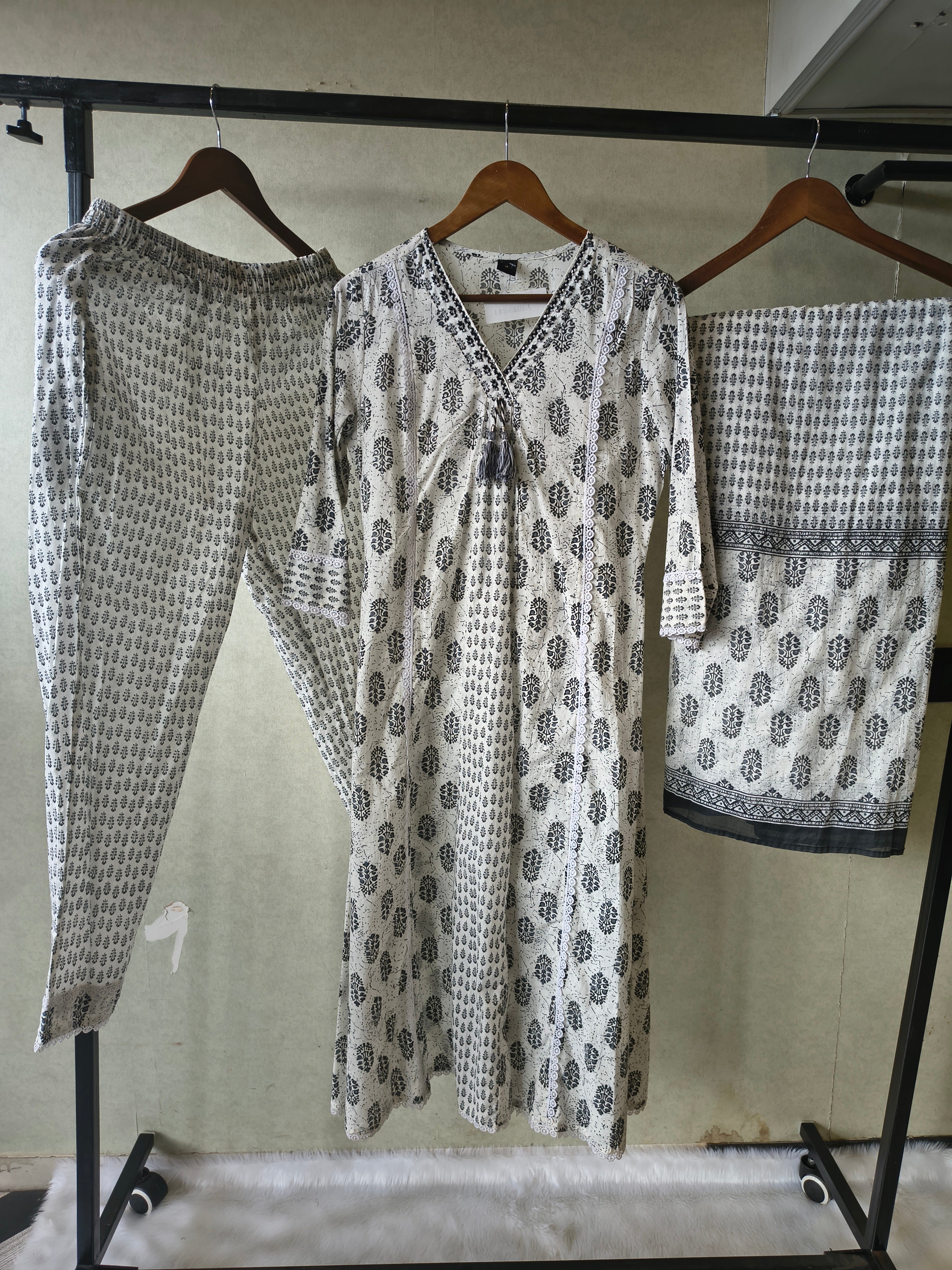 Image of Premium Black & White Hand Block Printed Cotton Anarkali Kurta Set with Printed Pants & Dupatta