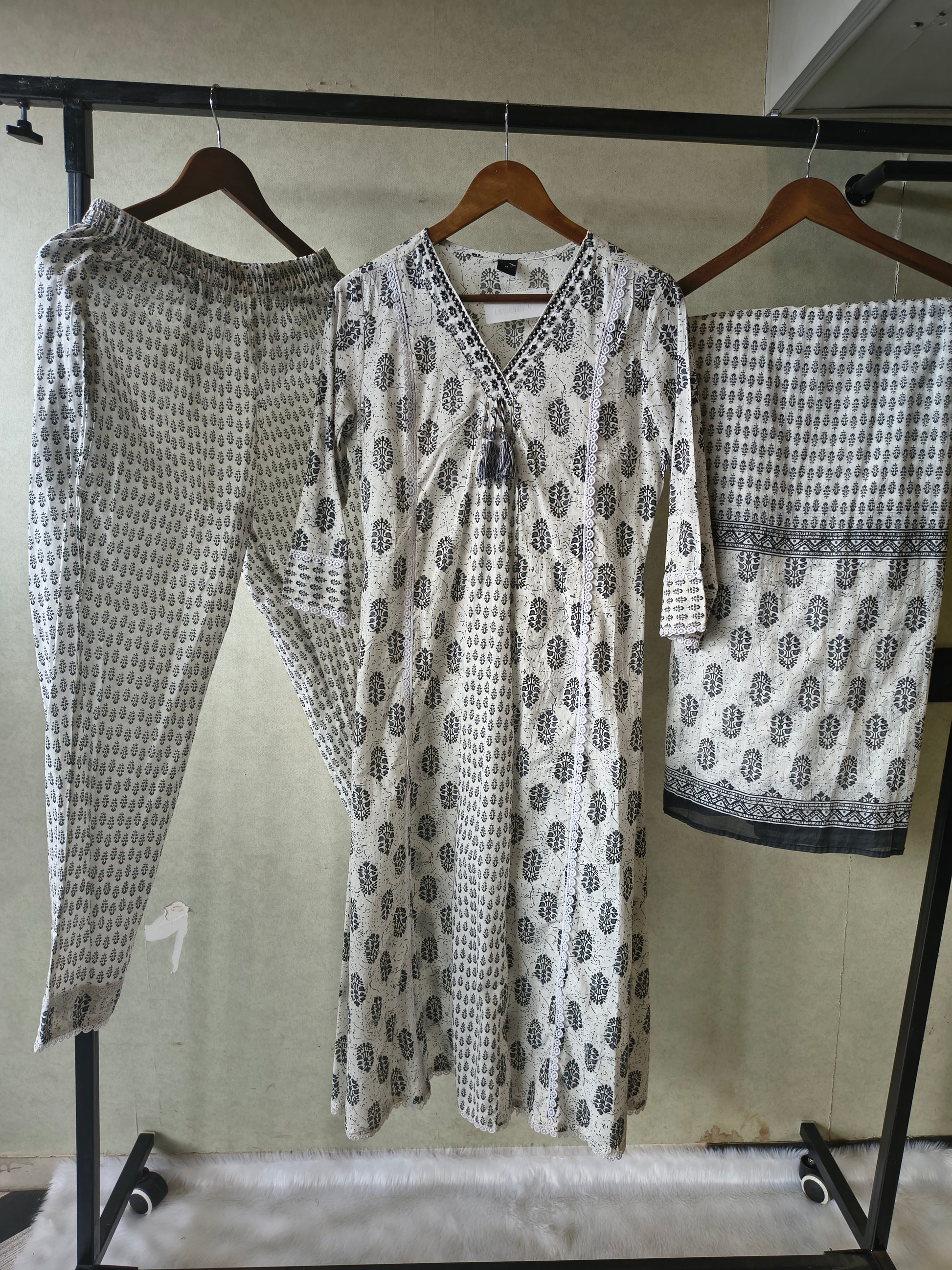Premium Black & White Hand Block Printed Cotton Anarkali Kurta Set with Printed Pants & Dupatta