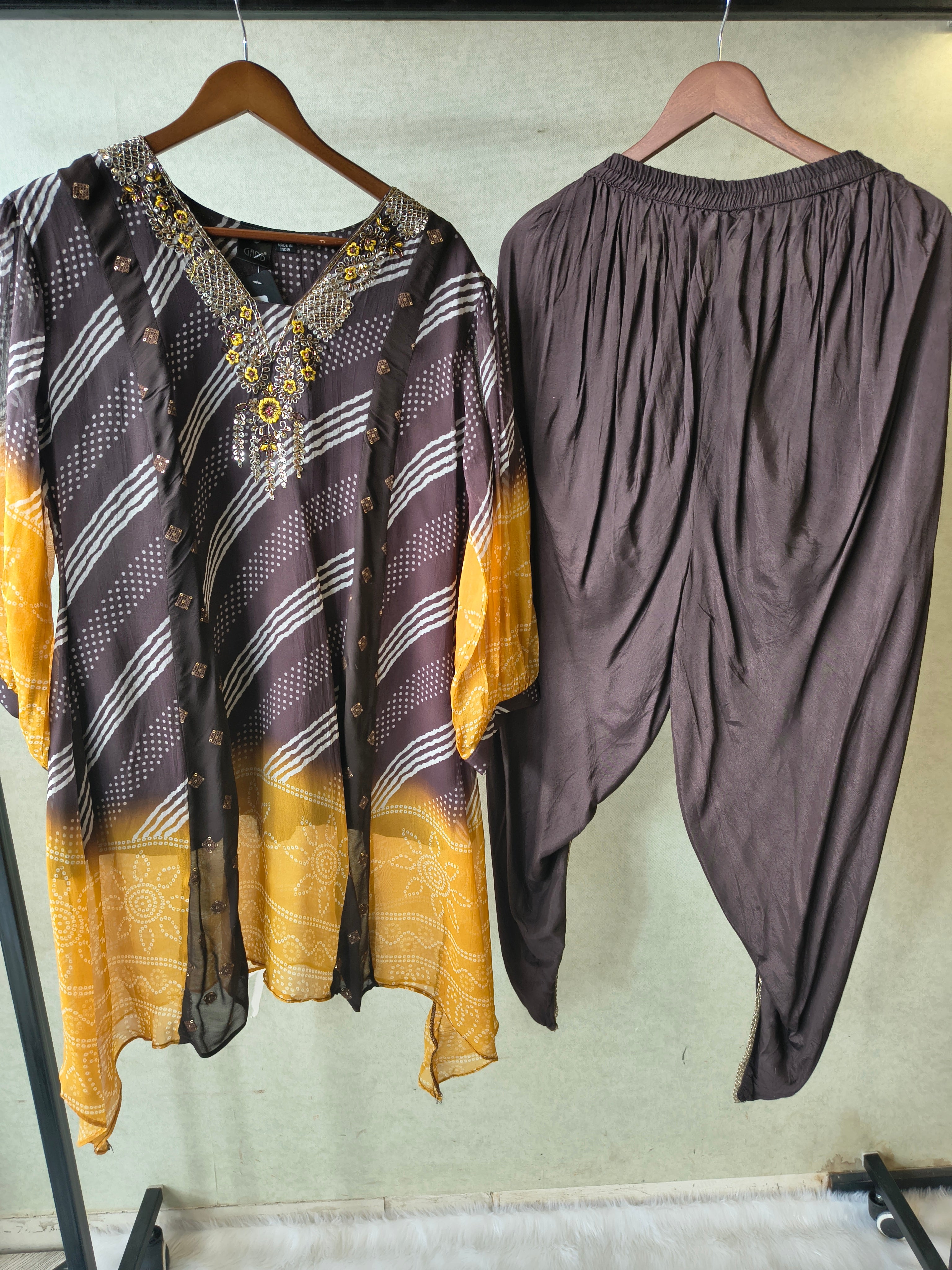 Image of Premium Charcoal & Mustard Bandhani Print Kaftan Kurta with Dhoti Pants Set