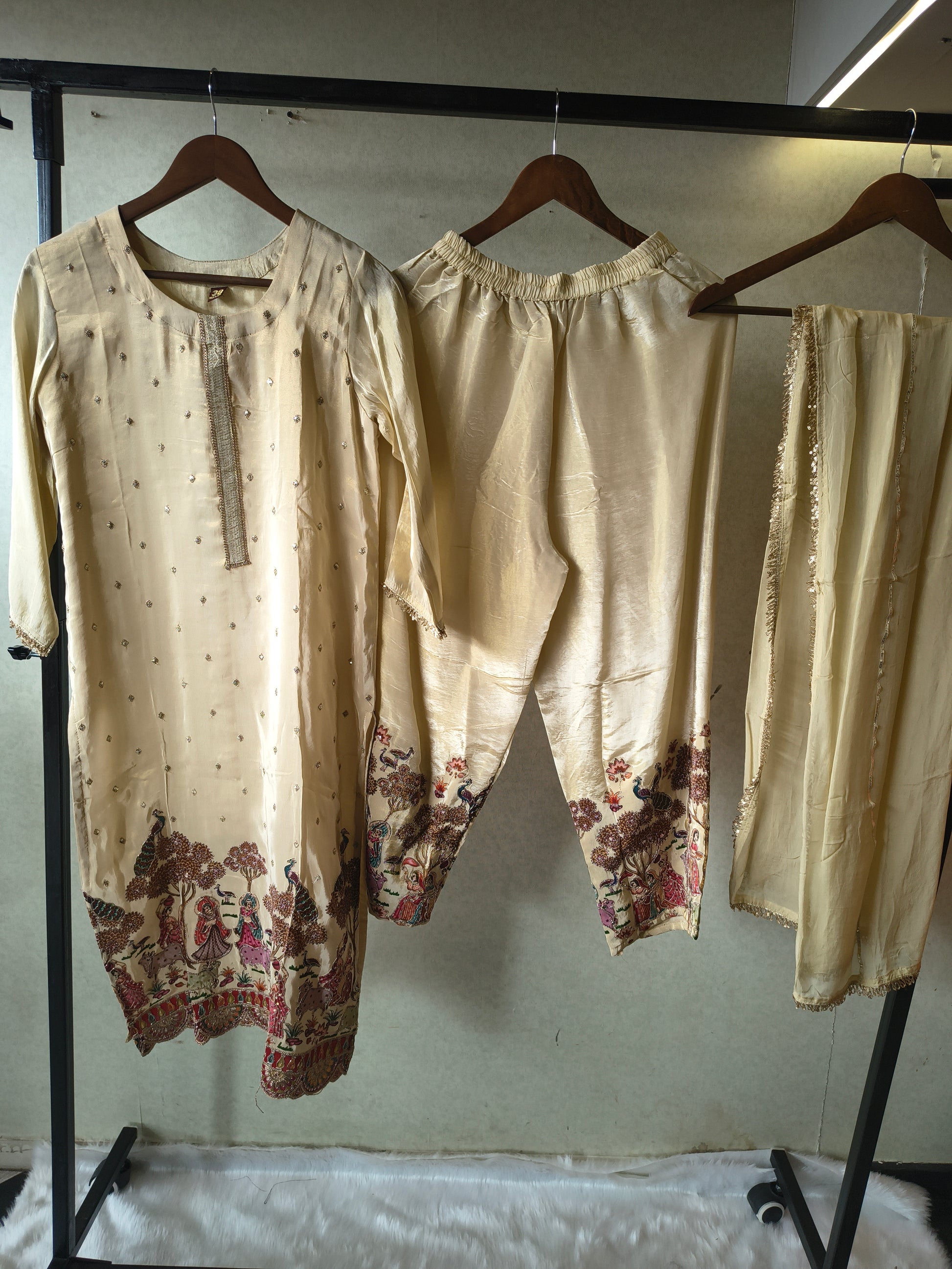 Ivory Silk Blend Printed Kurta Set with Scenic Border Print & Embellished Dupatta – Premium 3 Piece Ethnic Ensemble