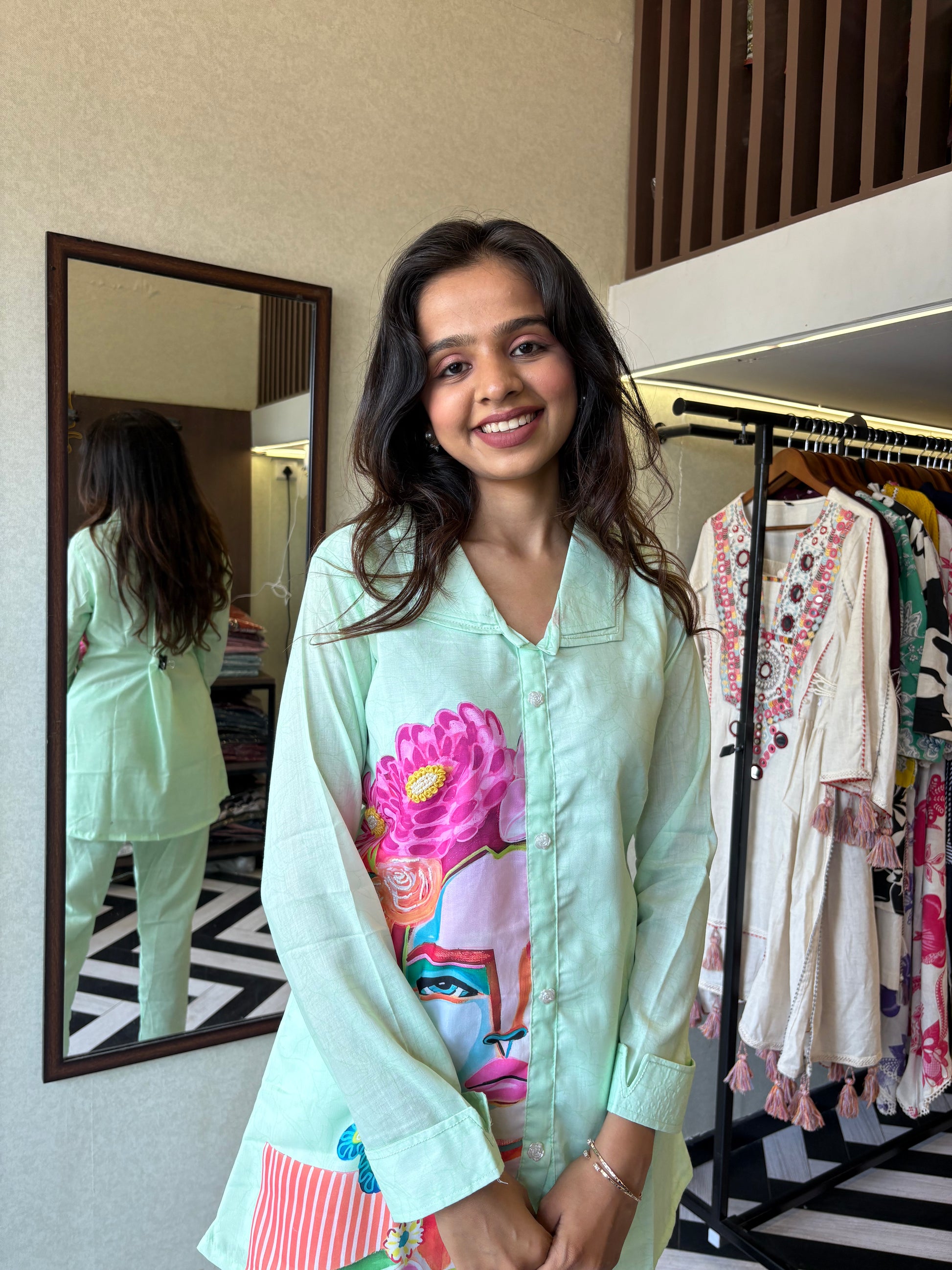 Pure cotton 2-piece coord set in soothing pista color - designed with elegant prints and made for all-day comfort.