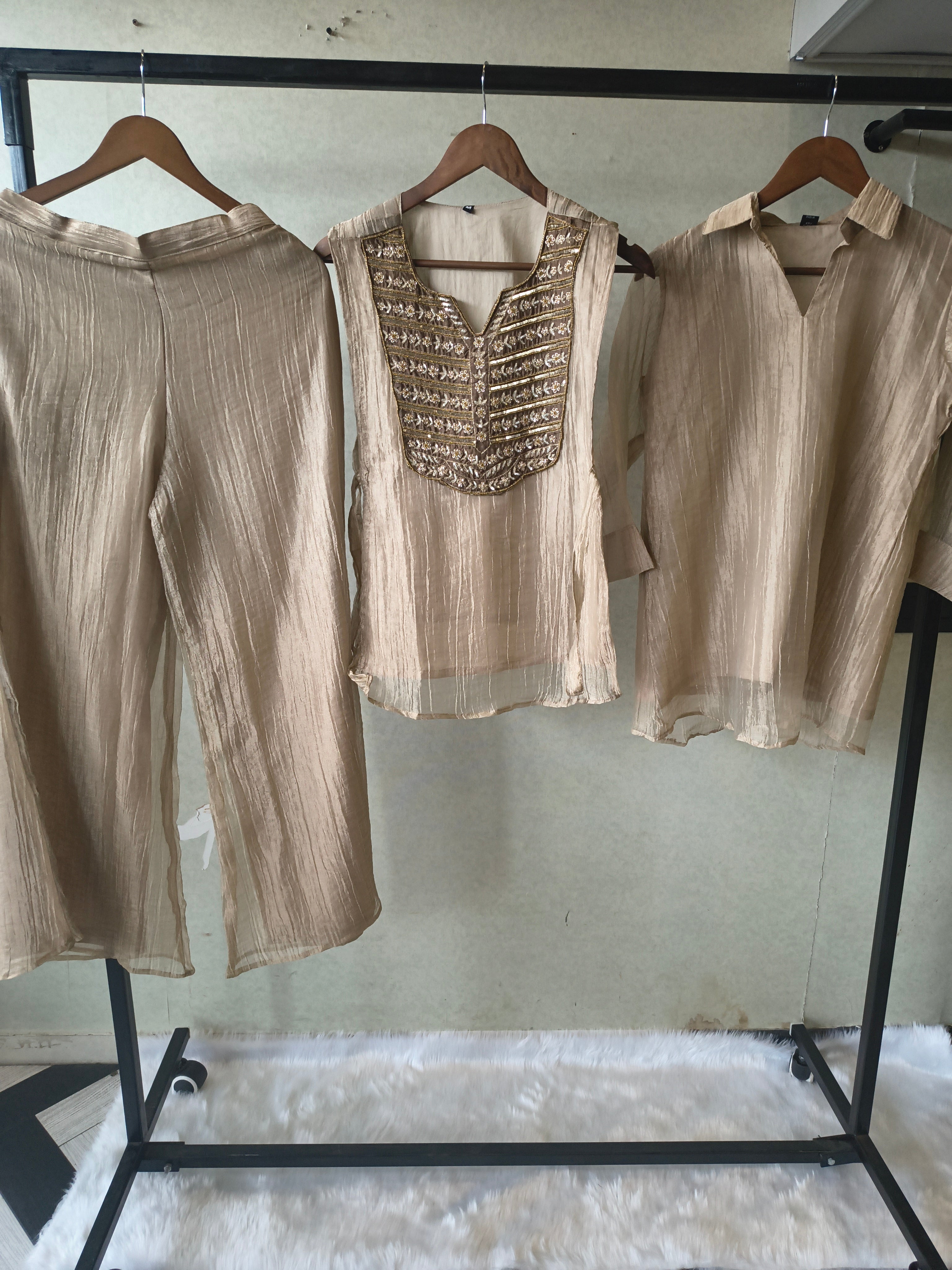 Image of Premium Champagne Gold Tissue Silk 3-Piece Co-Ord Set with Antique Zari Embroidered Jacket, Inner & Palazzo