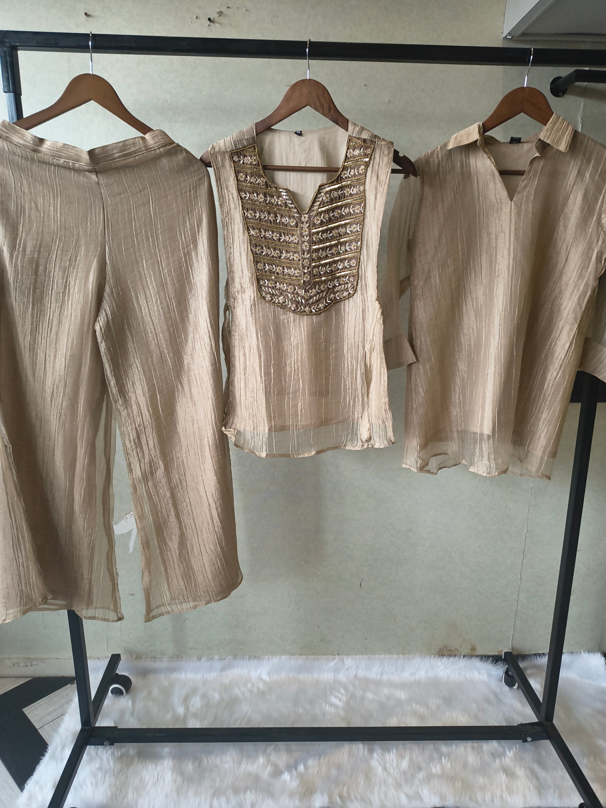 Premium Champagne Gold Tissue Silk 3-Piece Co-Ord Set with Antique Zari Embroidered Jacket, Inner & Palazzo