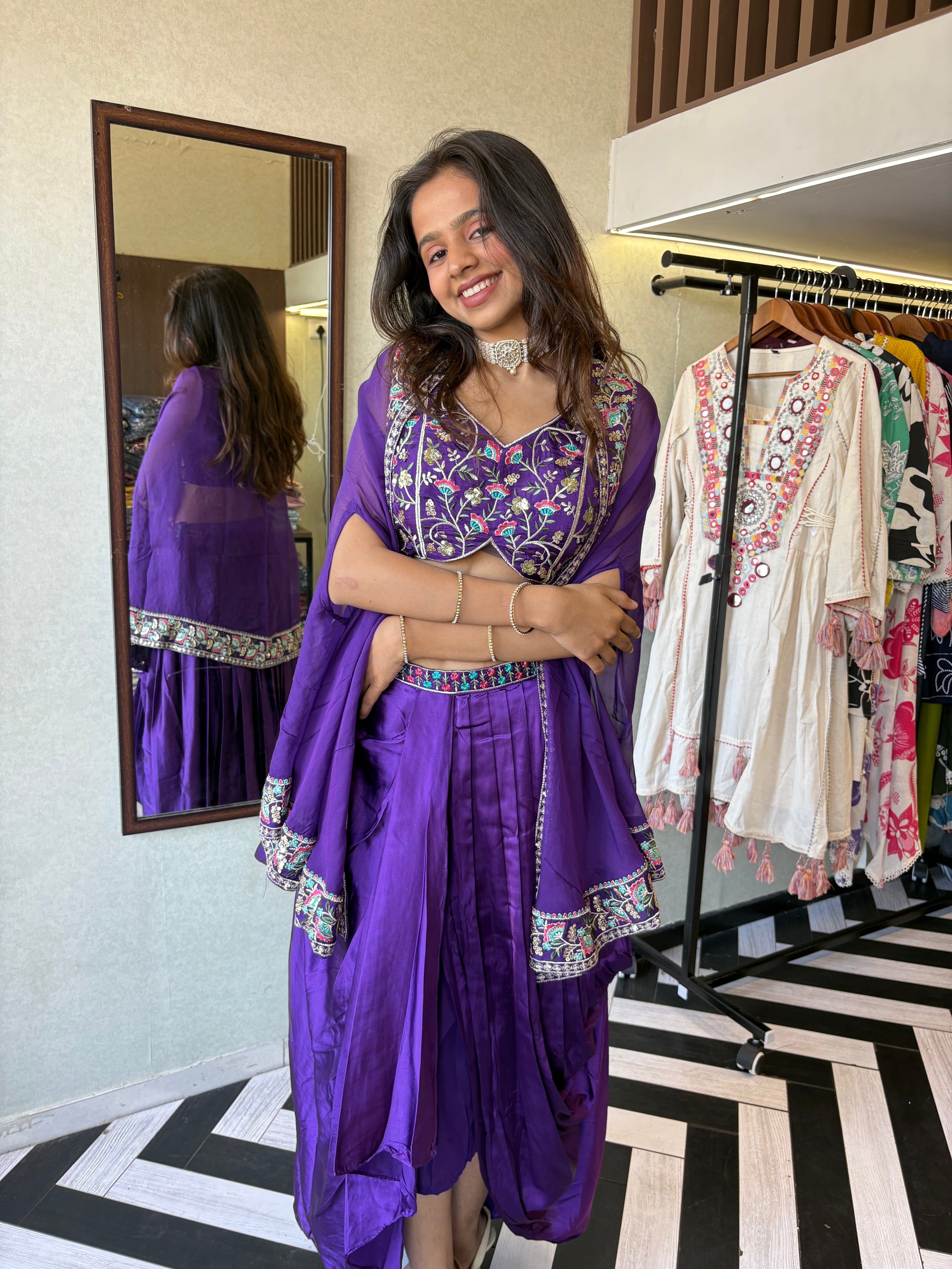 Image of Elegance, Embroidery & the Perfect Drape - All in One Look!

Make your presence unforgettable in this pure crepe purple 3-piece Indo-Western. Full hand embroidery, flawless drape, and designer finishing - this is what statement style looks like
