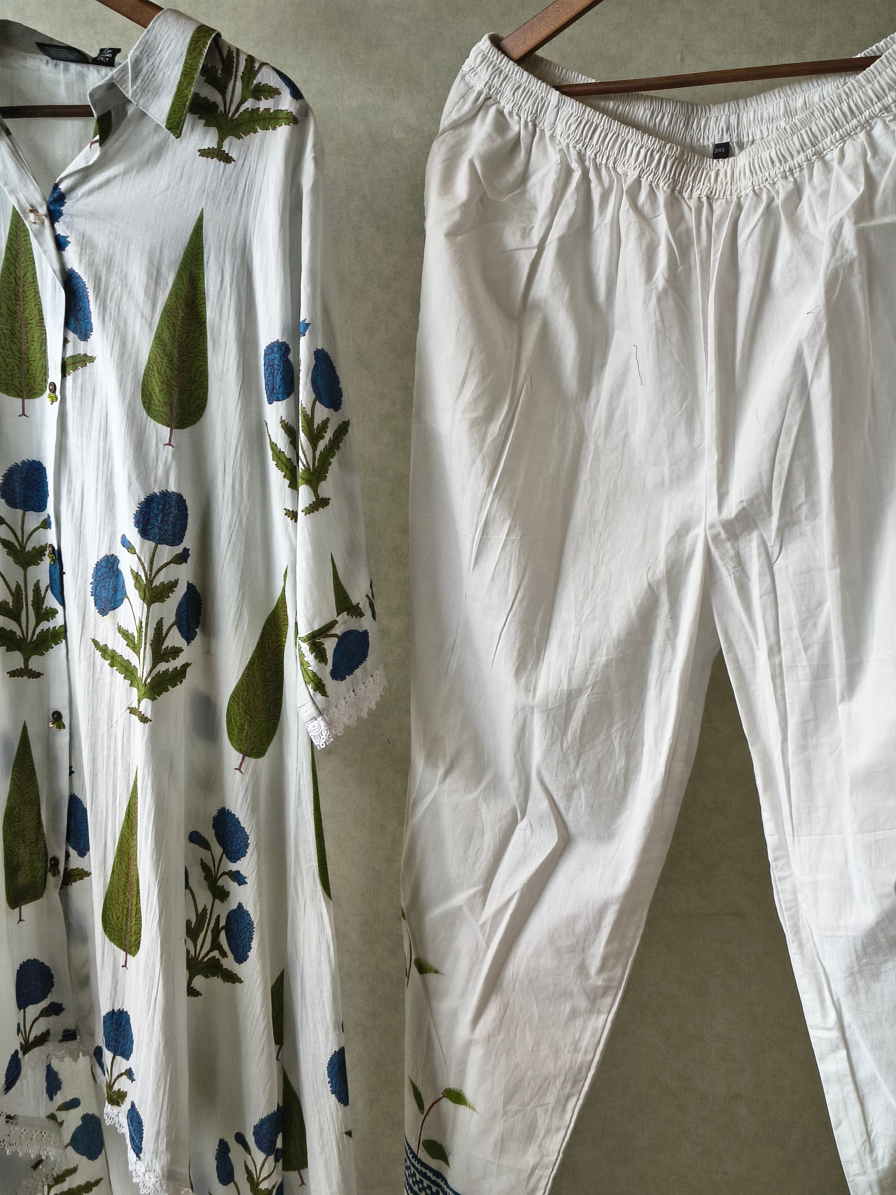 Image of Premium White Botanical Printed High-Low Kurta Set with Designer Pants