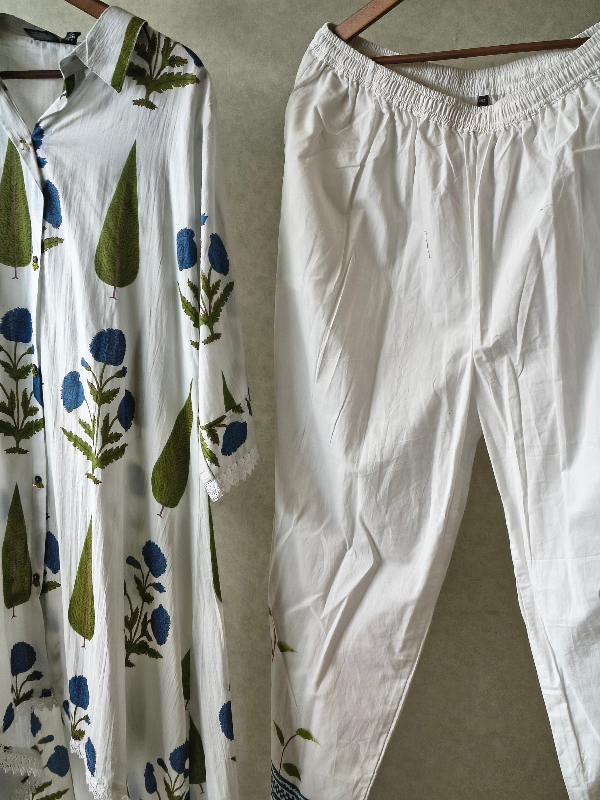 Premium White Botanical Printed High-Low Kurta Set with Designer Pants