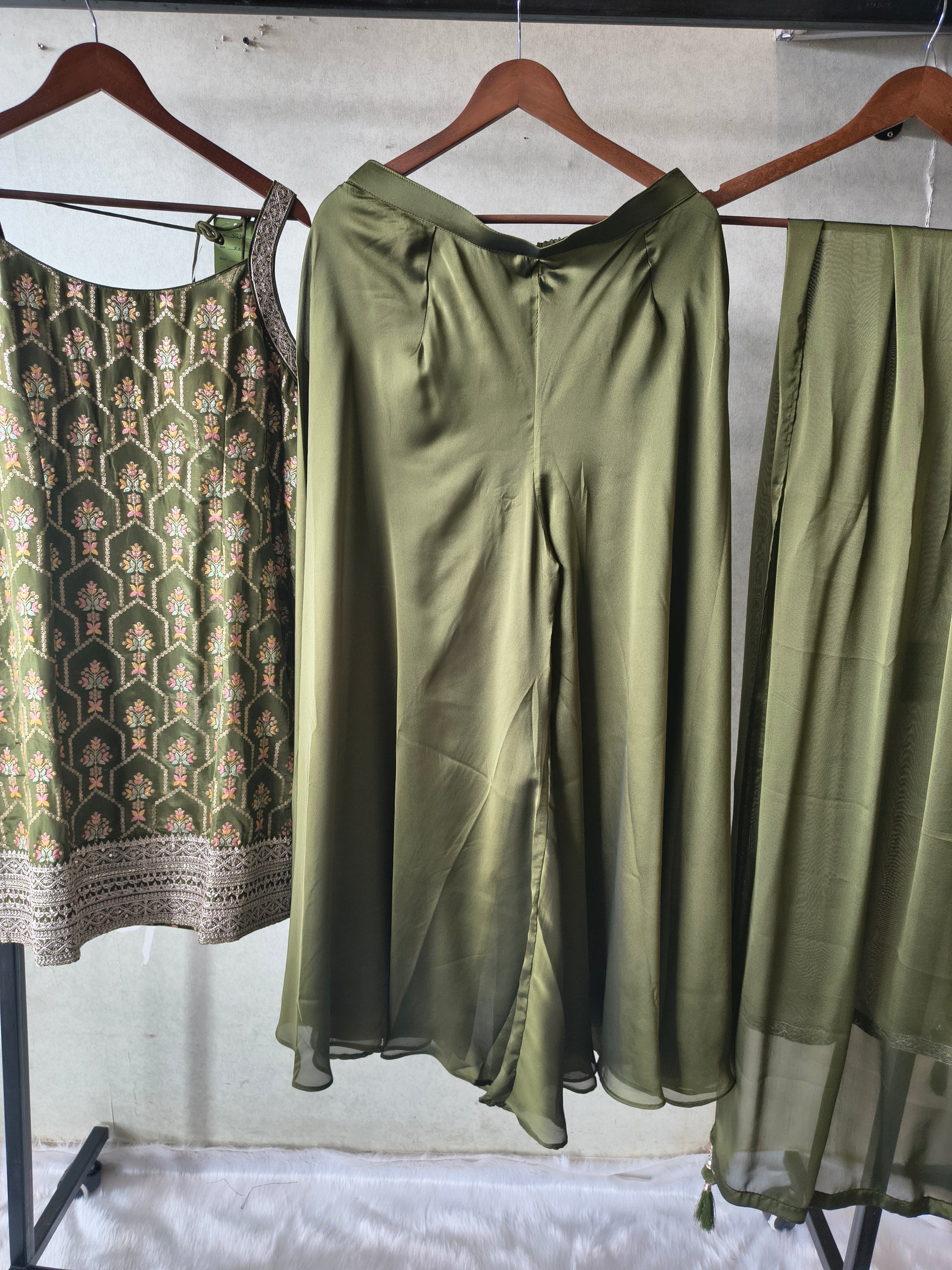 Olive Green Printed Sharara Set with Embroidered Border & Dupatta – Premium 3 Piece Festive Ensemble