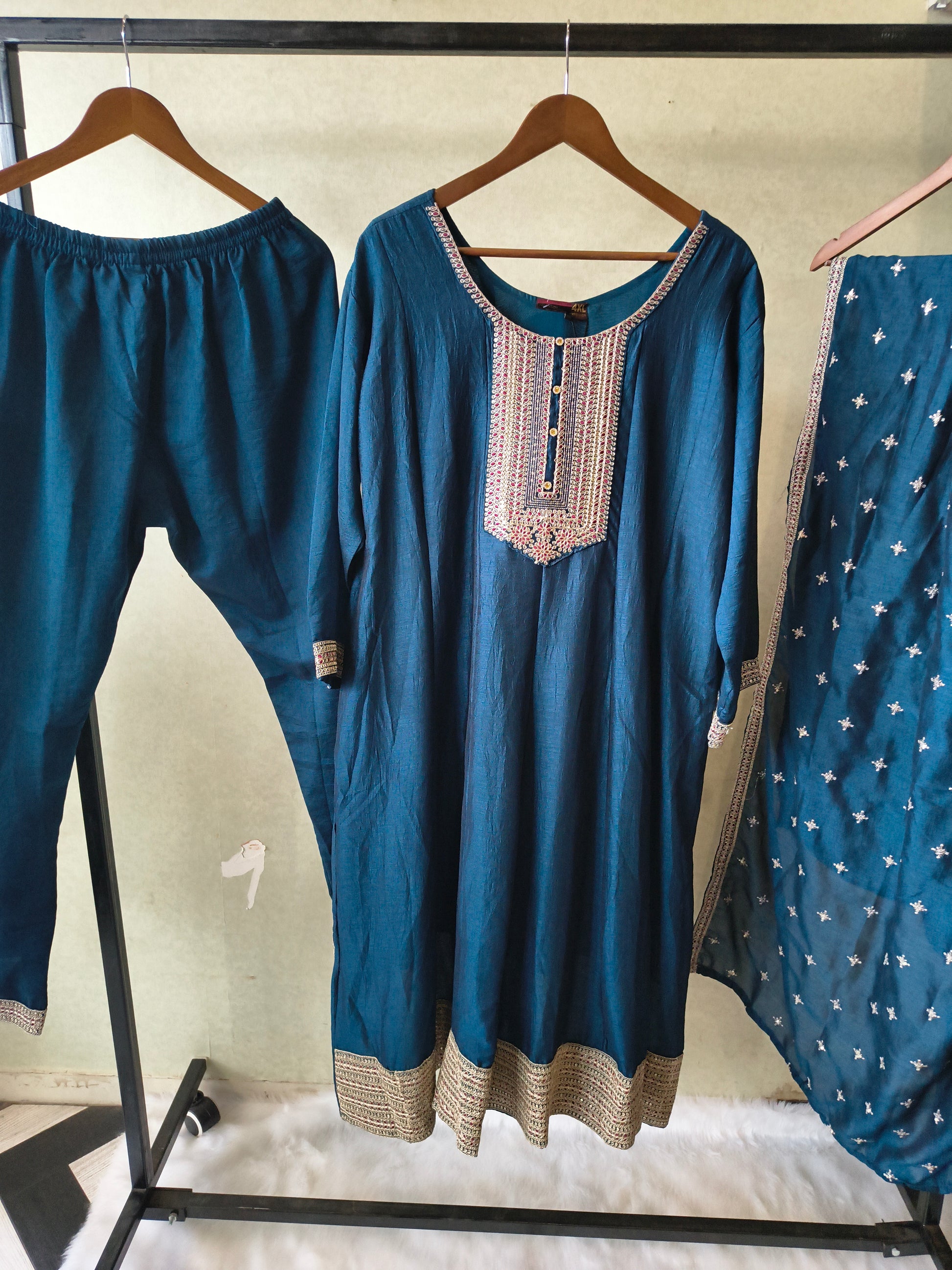 Premium Teal Blue Embroidered Kurta Set with Dupatta