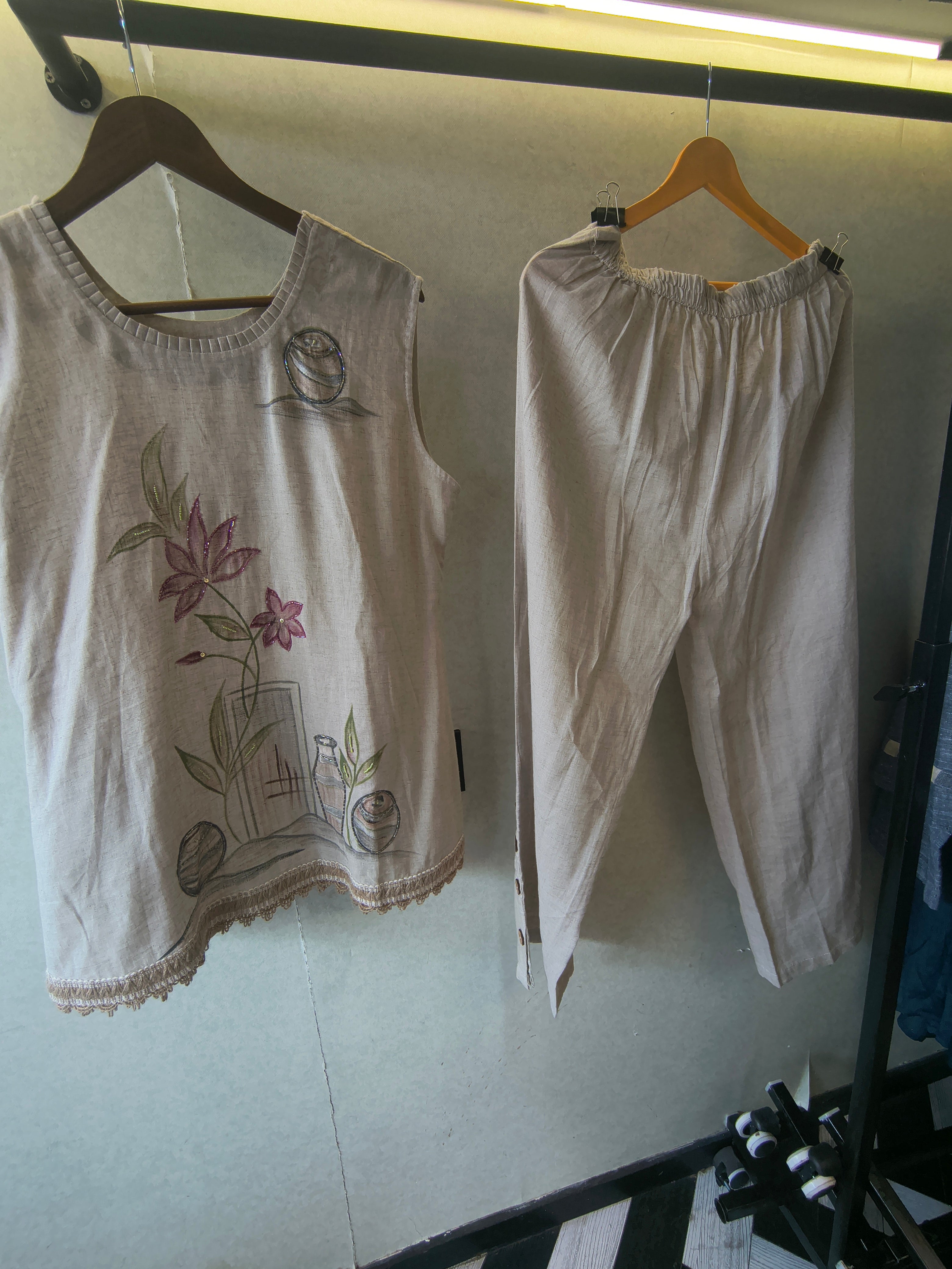 Image of Ivory Floral Hand-Painted Linen Co-Ord Set