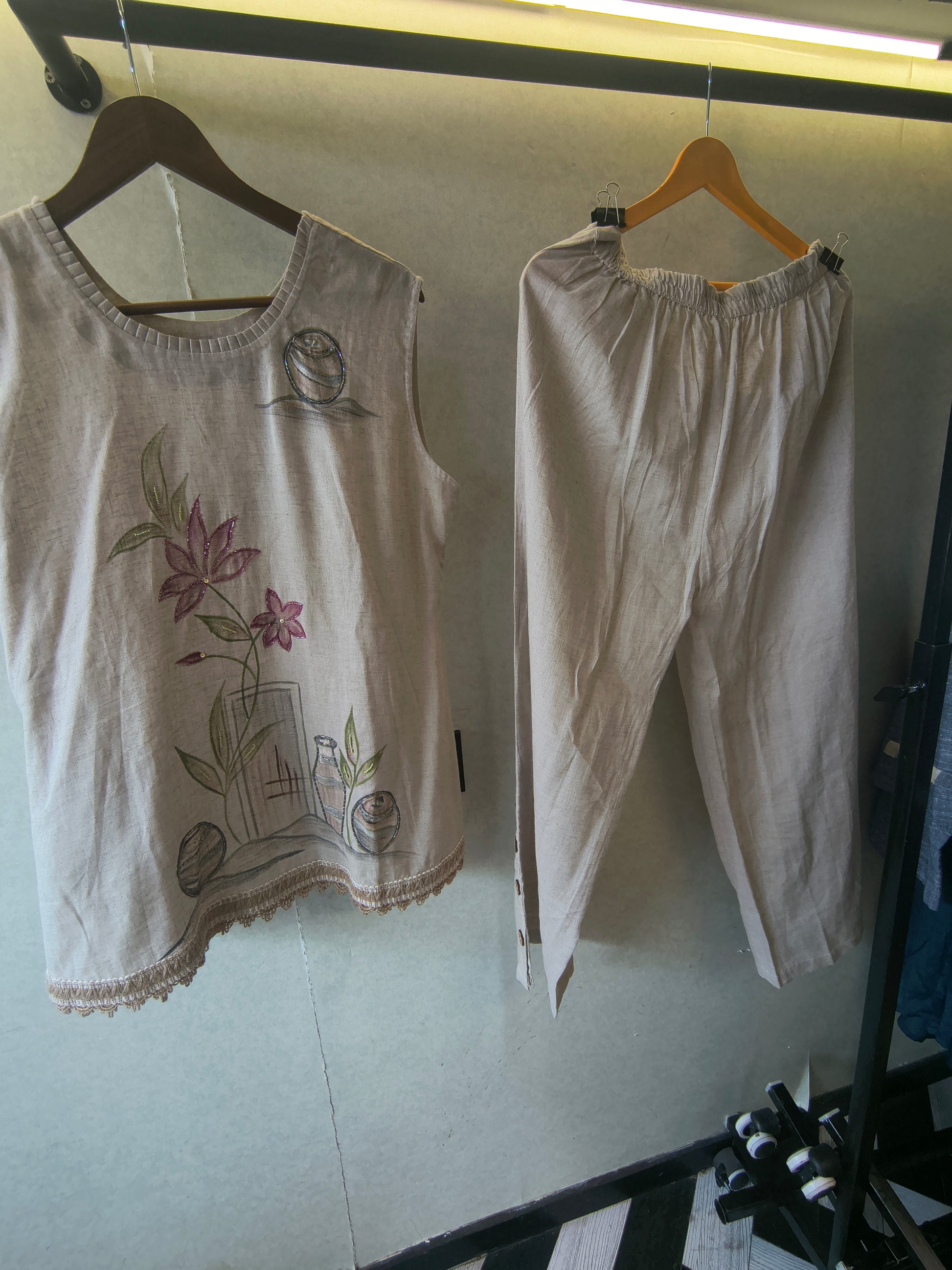 Ivory Floral Hand-Painted Linen Co-Ord Set