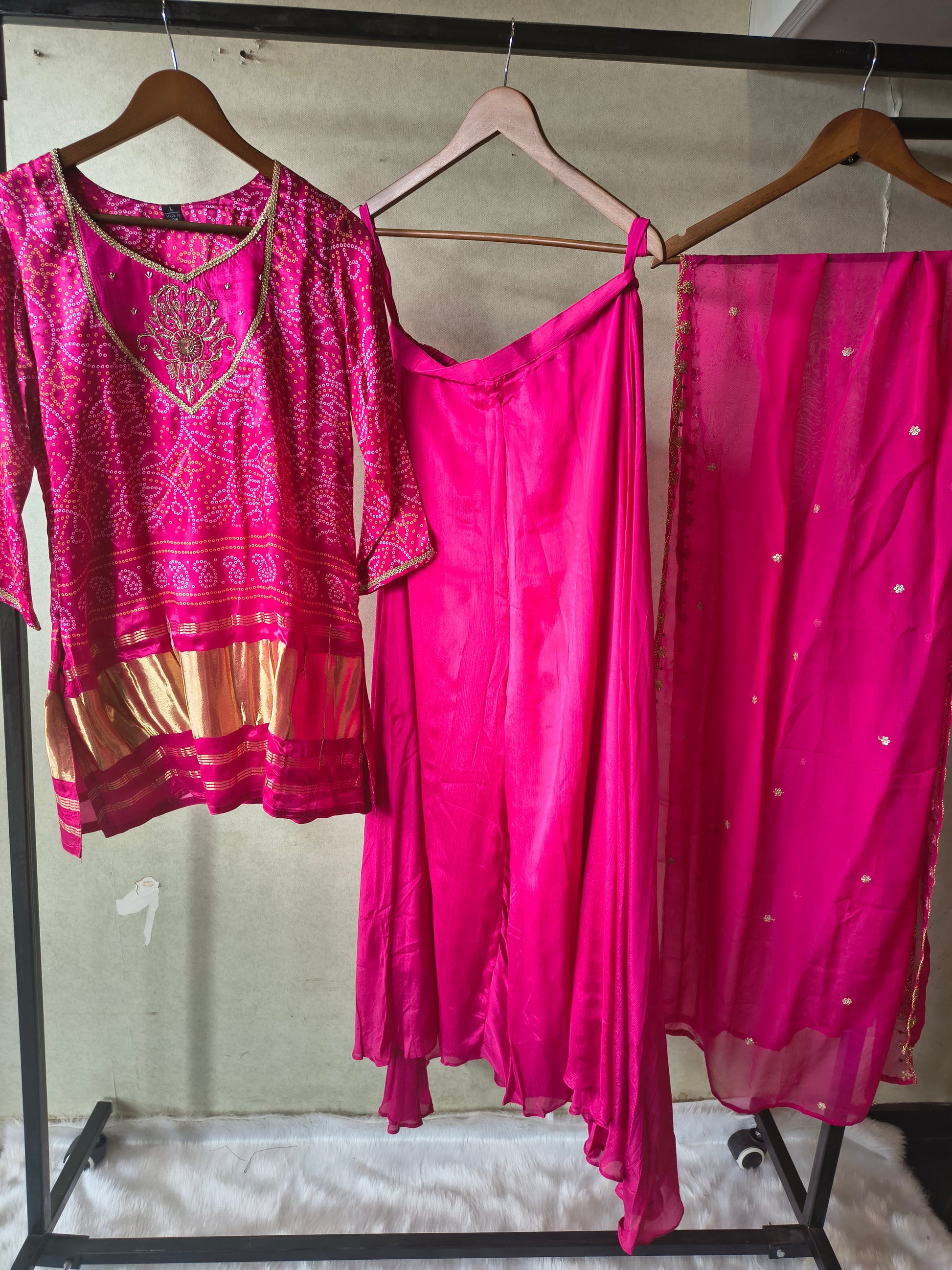 Rani Pink Bandhani Sharara Set with Zari Border & Embroidered Dupatta – Premium 3 Piece Festive Ensemble
