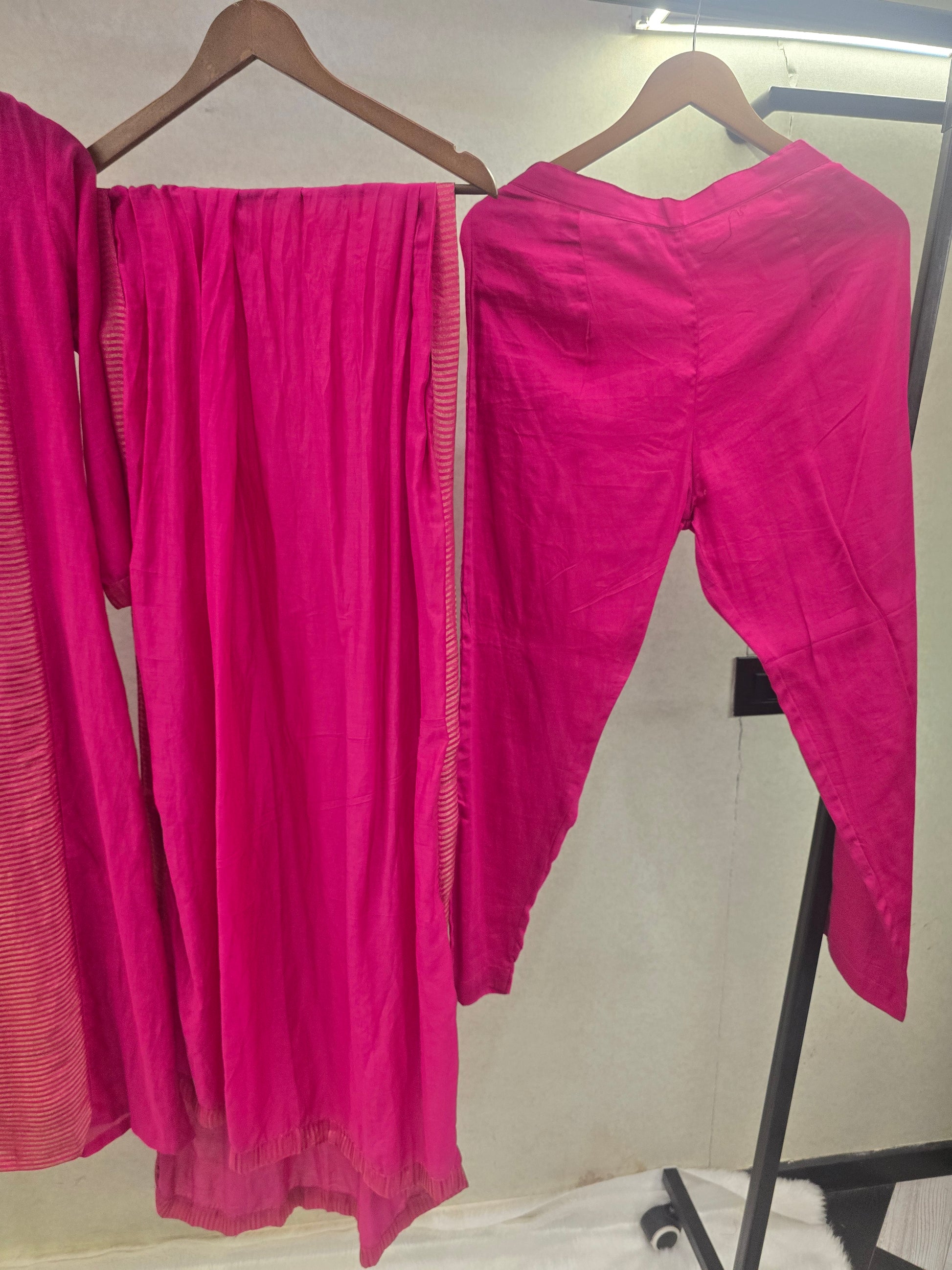 Fuchsia Pink Textured Straight Kurta Set with Woven Panel & Matching Dupatta | Premium 3 Piece Ethnic Ensemble