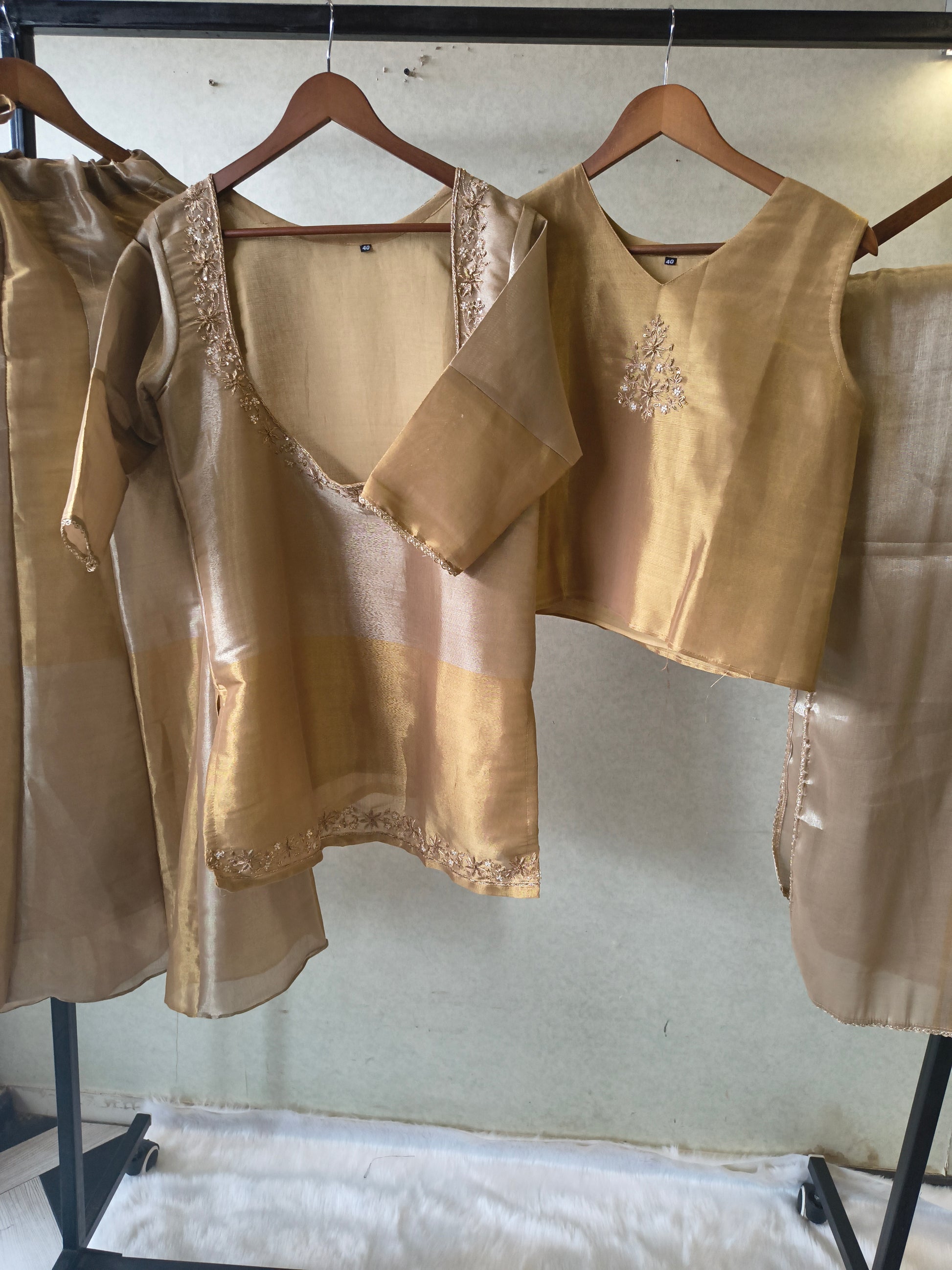Champagne Gold Tissue Silk Embroidered Layered Kurta with Inner, Palazzo & Woven Dupatta – 4 Piece Designer Festive Set