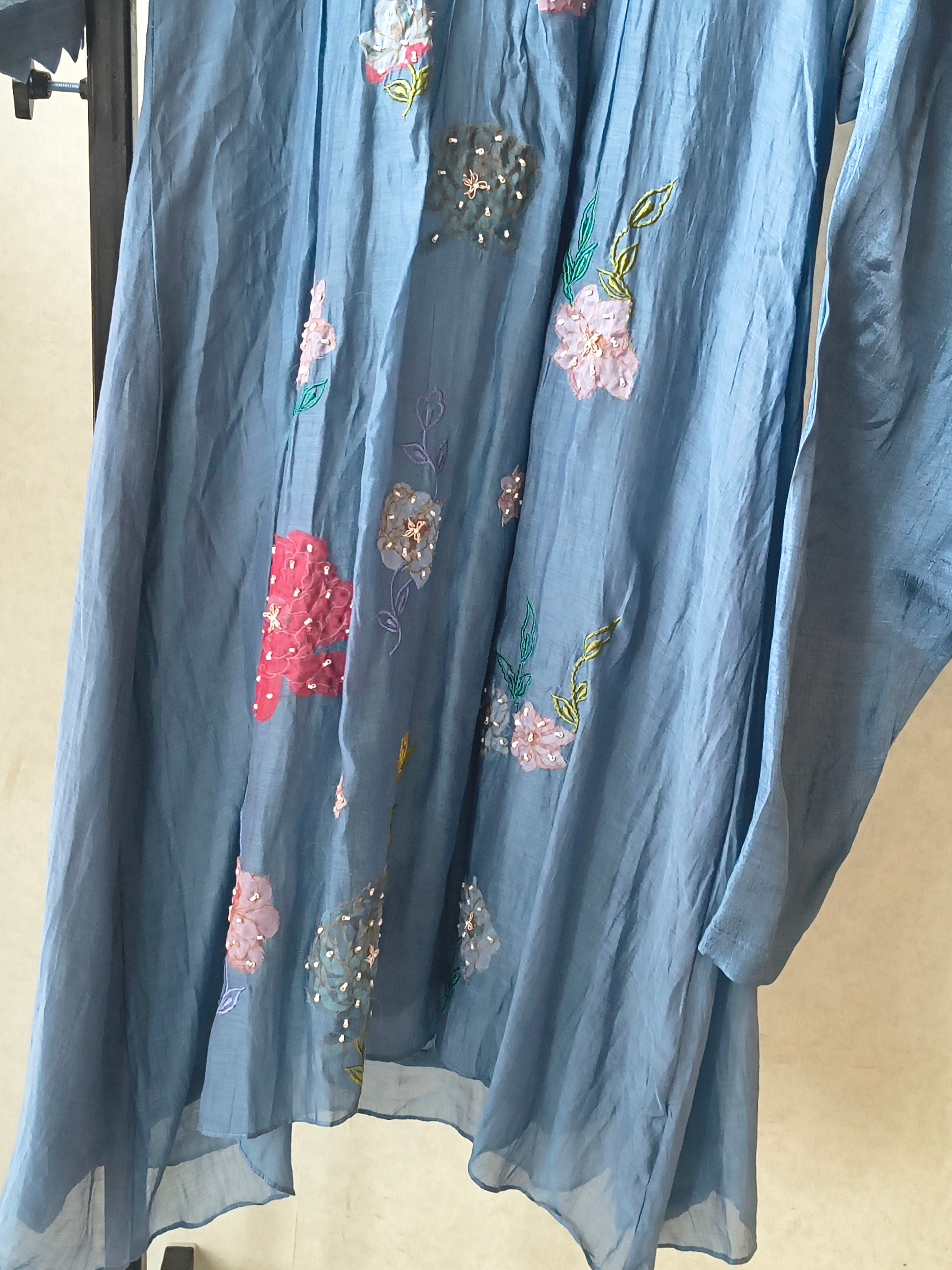 Image of Premium Steel Blue Embroidered Straight Kurta with Dhoti Pants & Embroidered Organza Dupatta Set