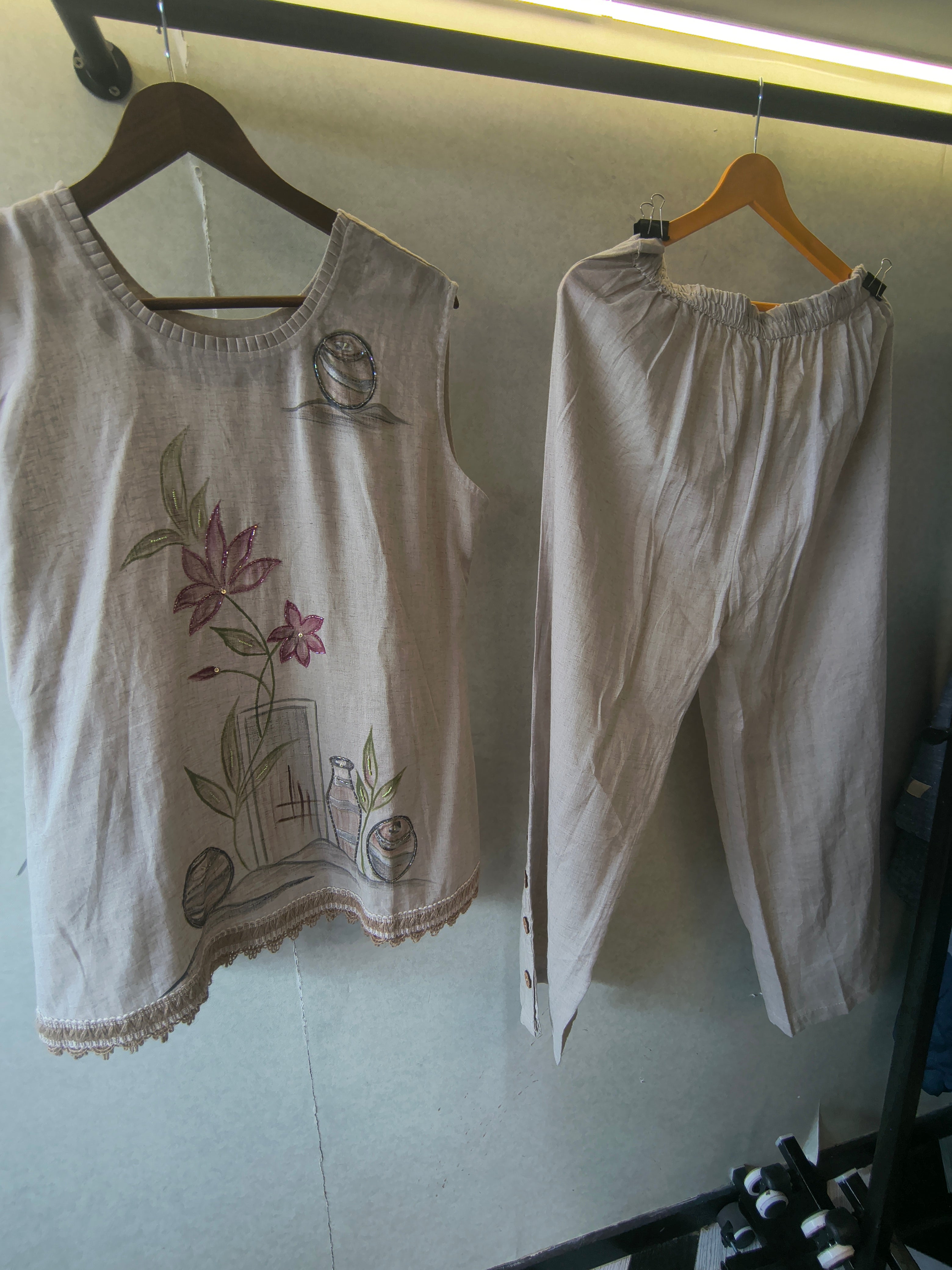 Image of Ivory Floral Hand-Painted Linen Co-Ord Set