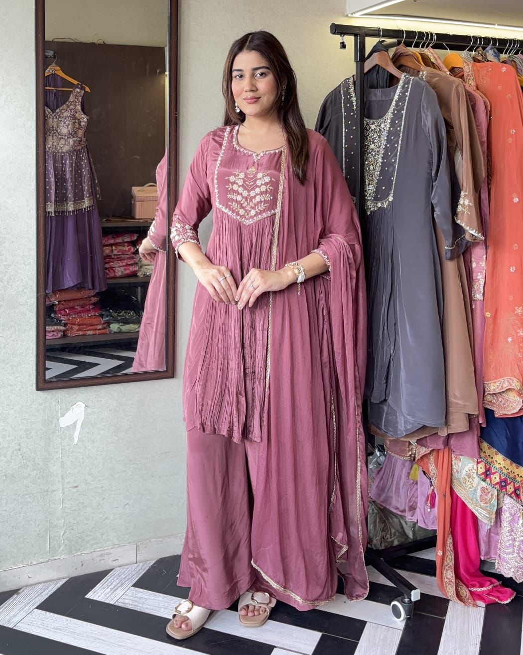 Pure Crepe 3-Piece Indo-Western Fusion Set | Designer Top & Plazzo | Handwork Detailing