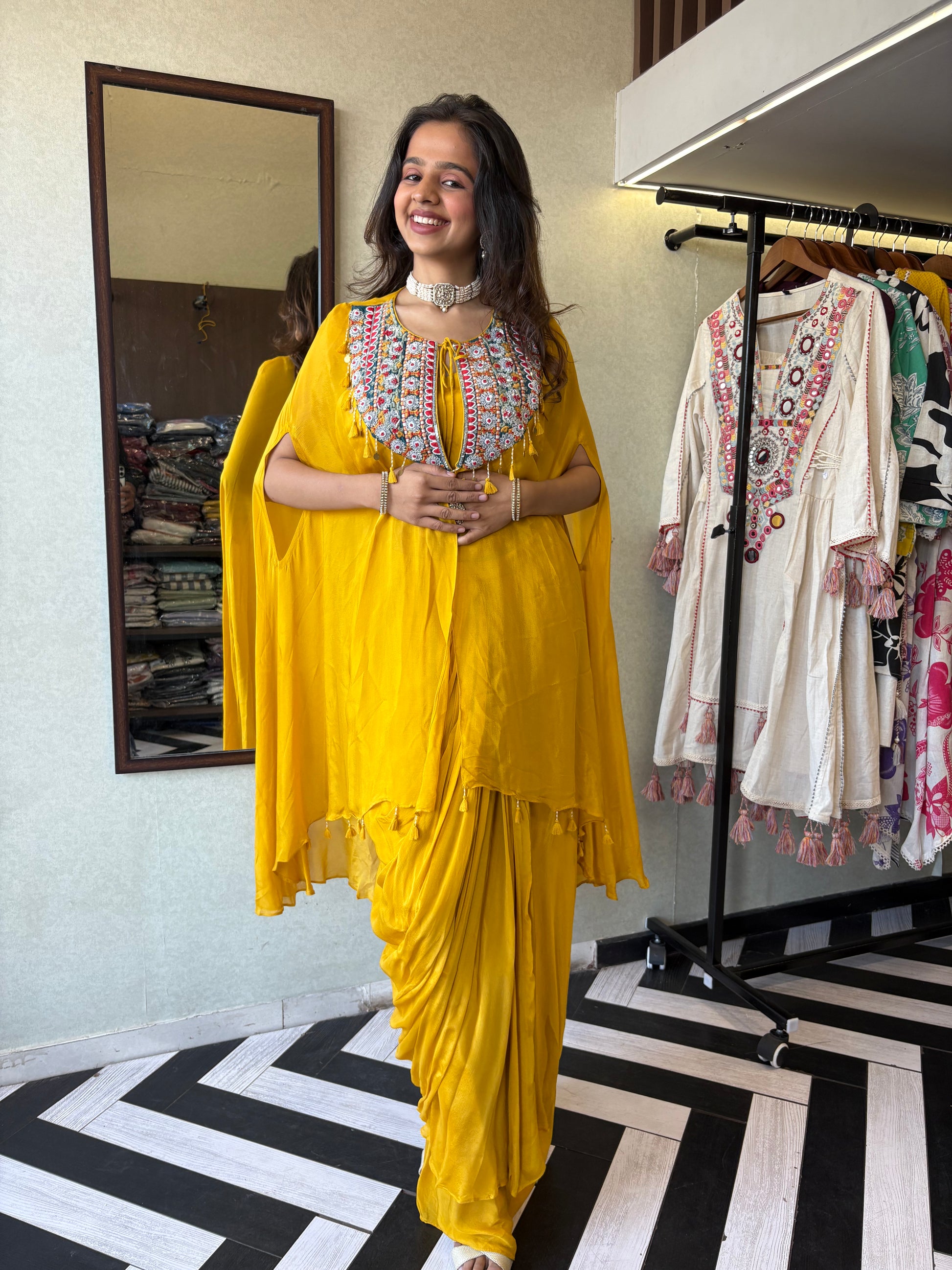 Step into the spotlight with our stunning yellow pure georgette Indo-Western 2-piece. Designed with intricate handwork and full sequin craftsmanship, this piece delivers pure elegance for those who love to shine bright