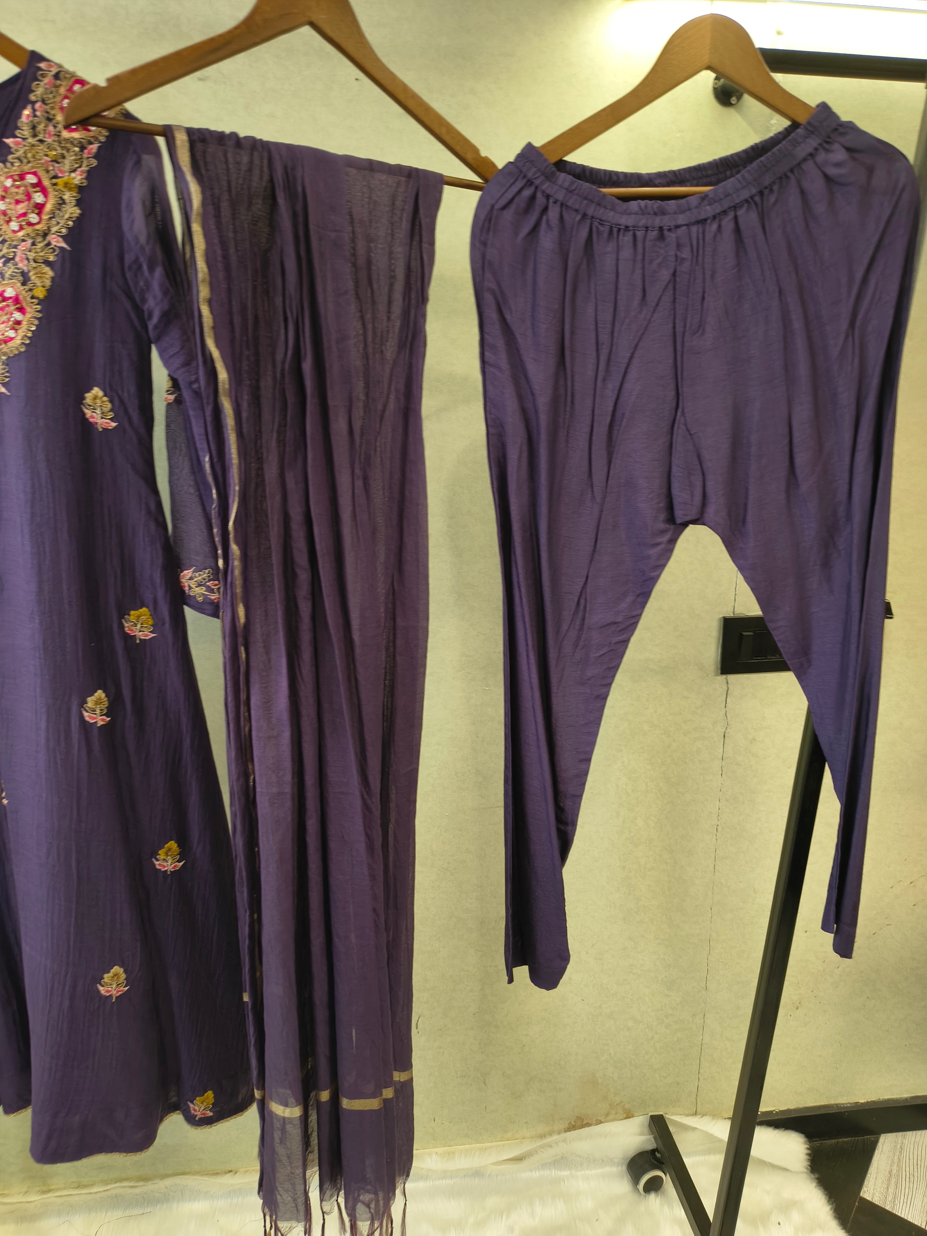 Image of Midnight Navy Hand-Embroidered Straight Kurta Set with Statement Neckline, Churidar Pants & Tassel Dupatta | Premium 3 Piece Festive Ensemble