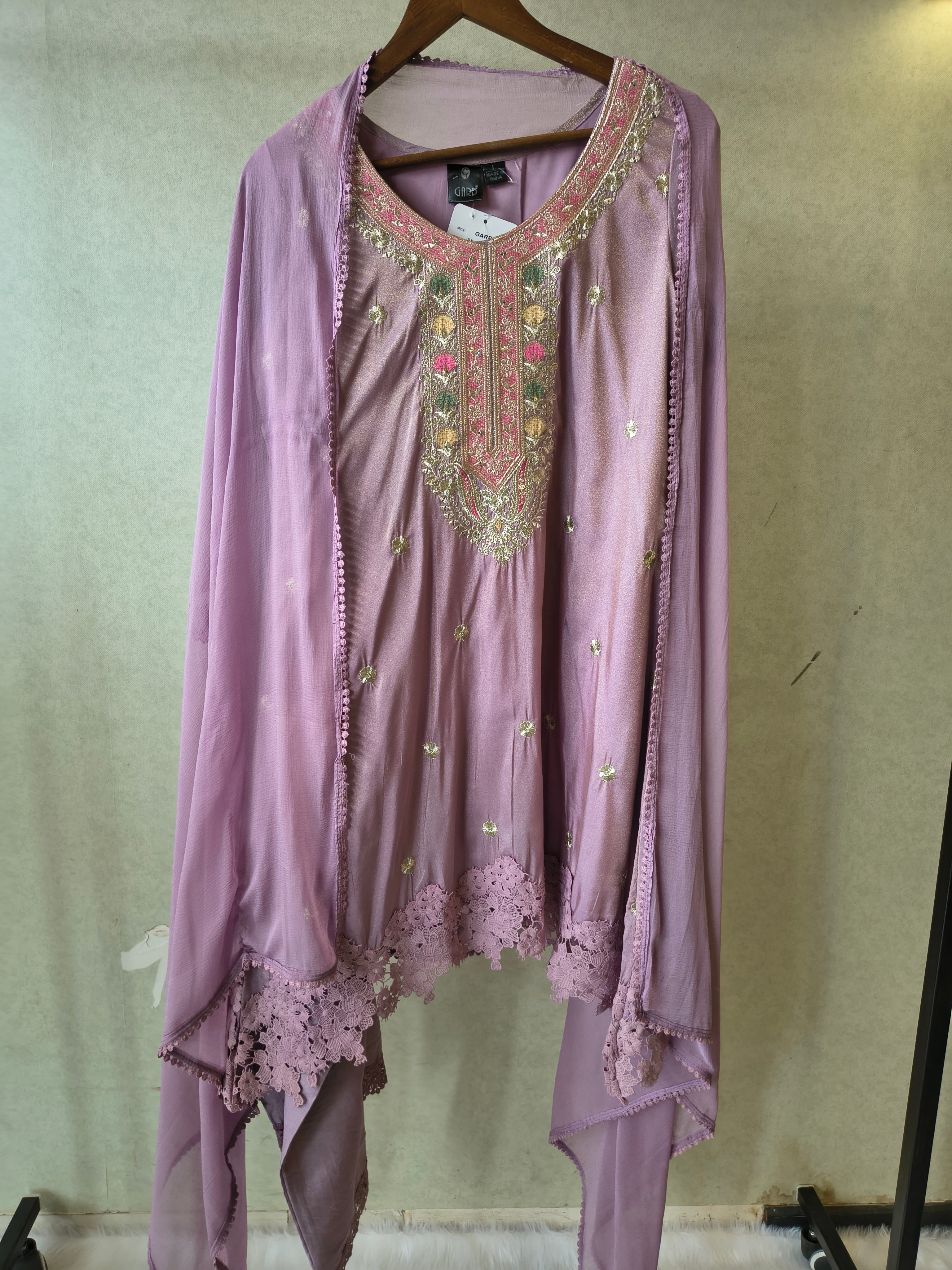 Image of Premium Dusty Lilac Embroidered Kurta Set with Lace Hem & Dupatta