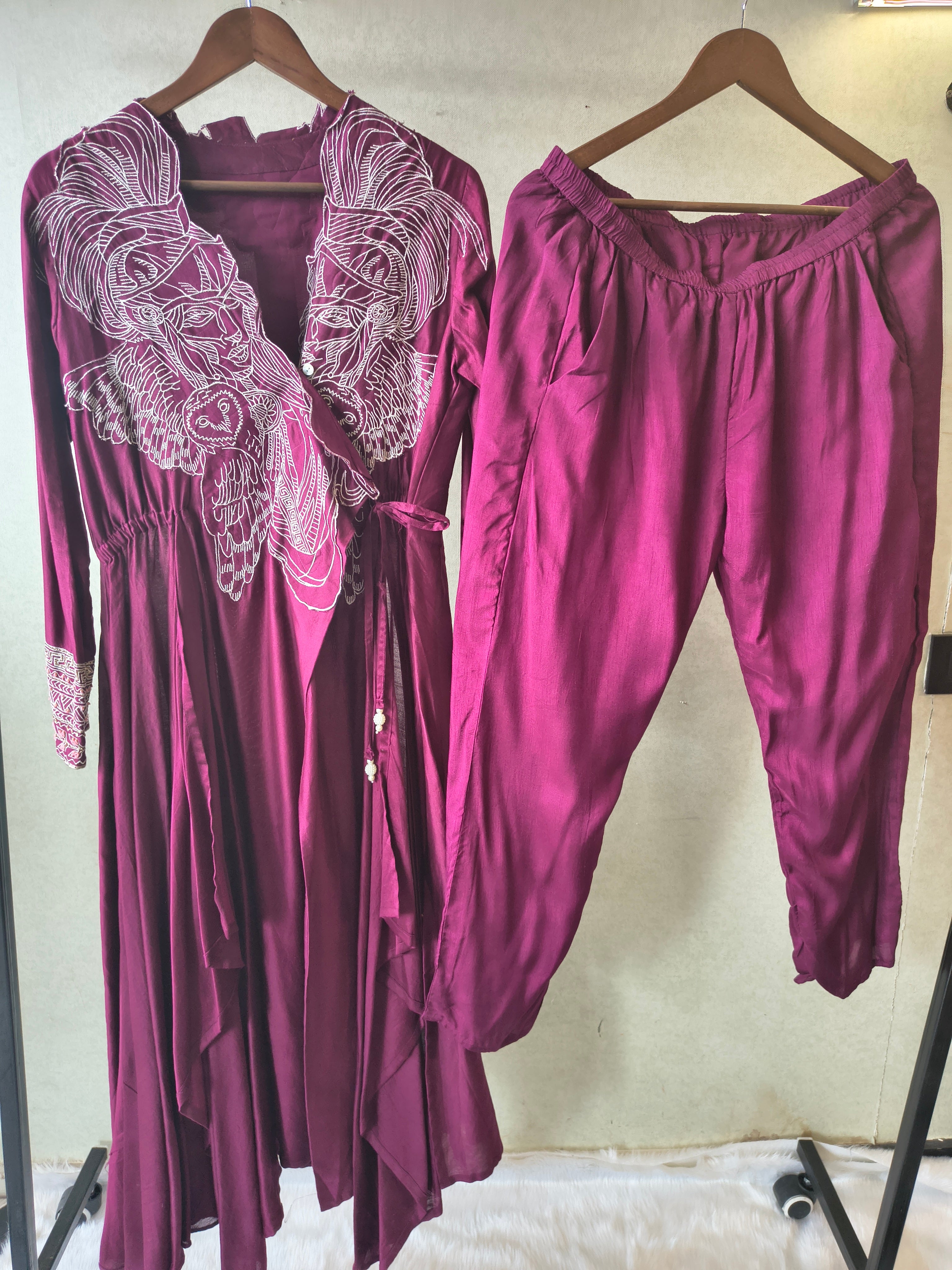 Image of Wine Embroidered Wrap Style Indo-Western Jacket with Dhoti Pants – Designer 2 Piece Fusion Set