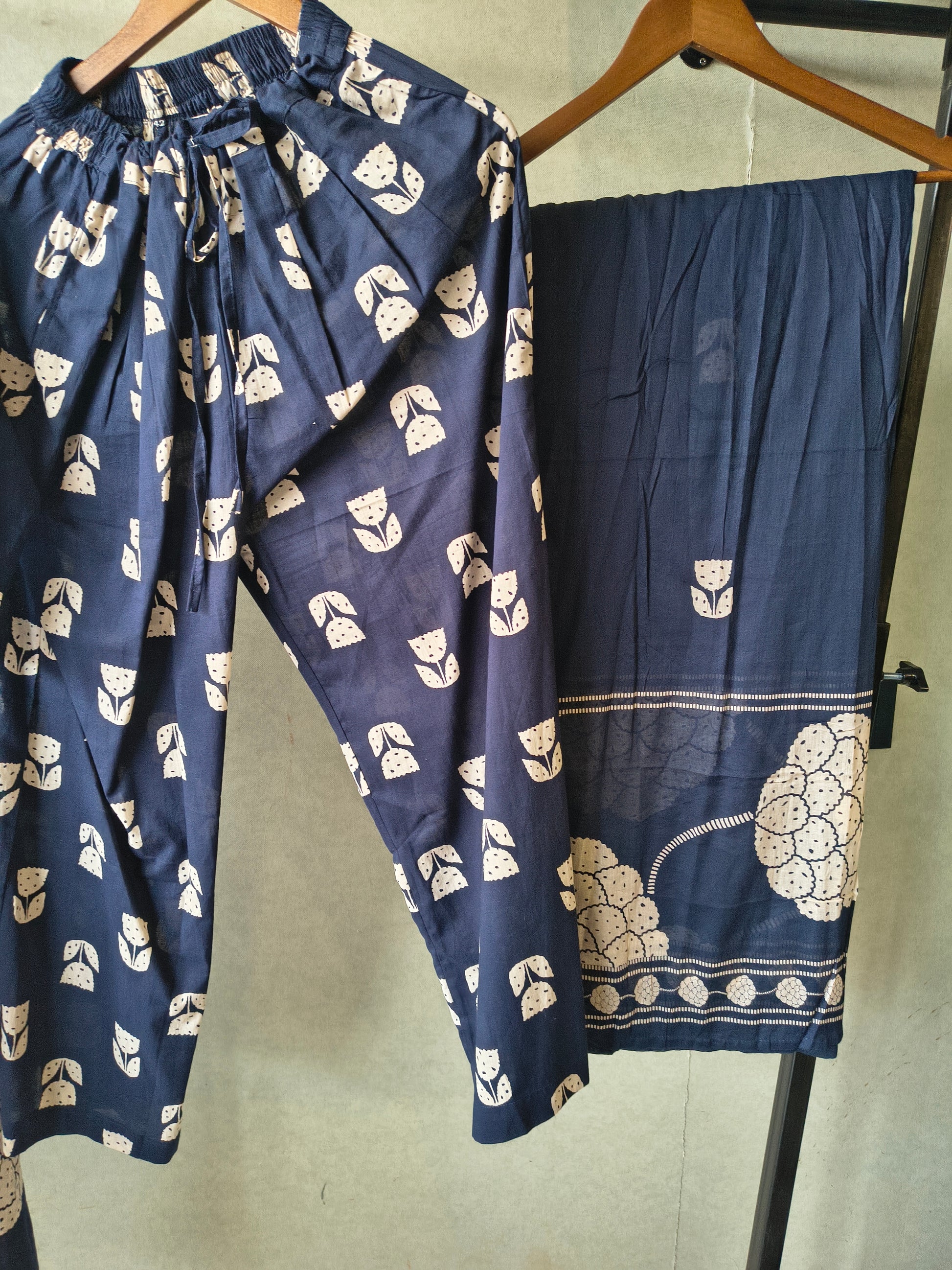 Premium Navy Blue Handblock Printed Cotton Anarkali Suit Set with Printed Pants & Dupatta