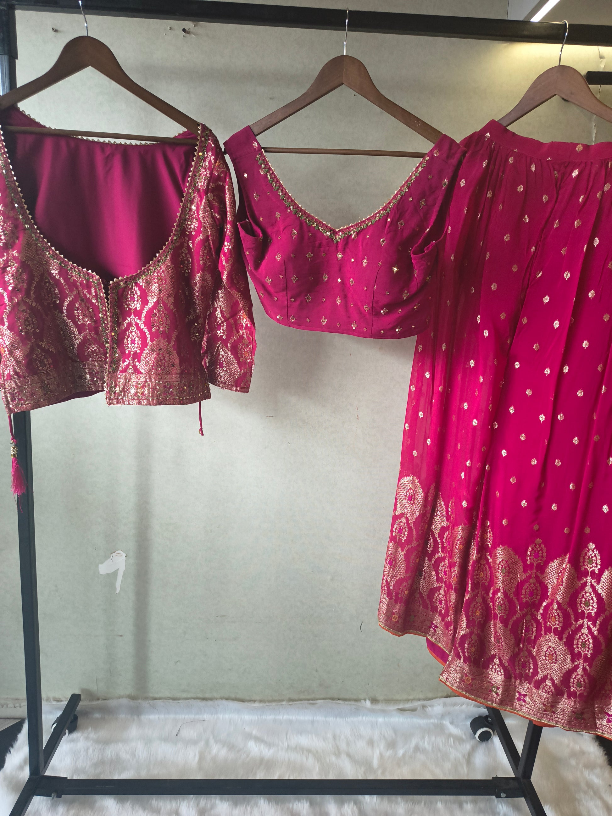 Rani Pink Banarasi Lehenga Set with Dual Designer Blouses – Woven Festive Wedding Ensemble