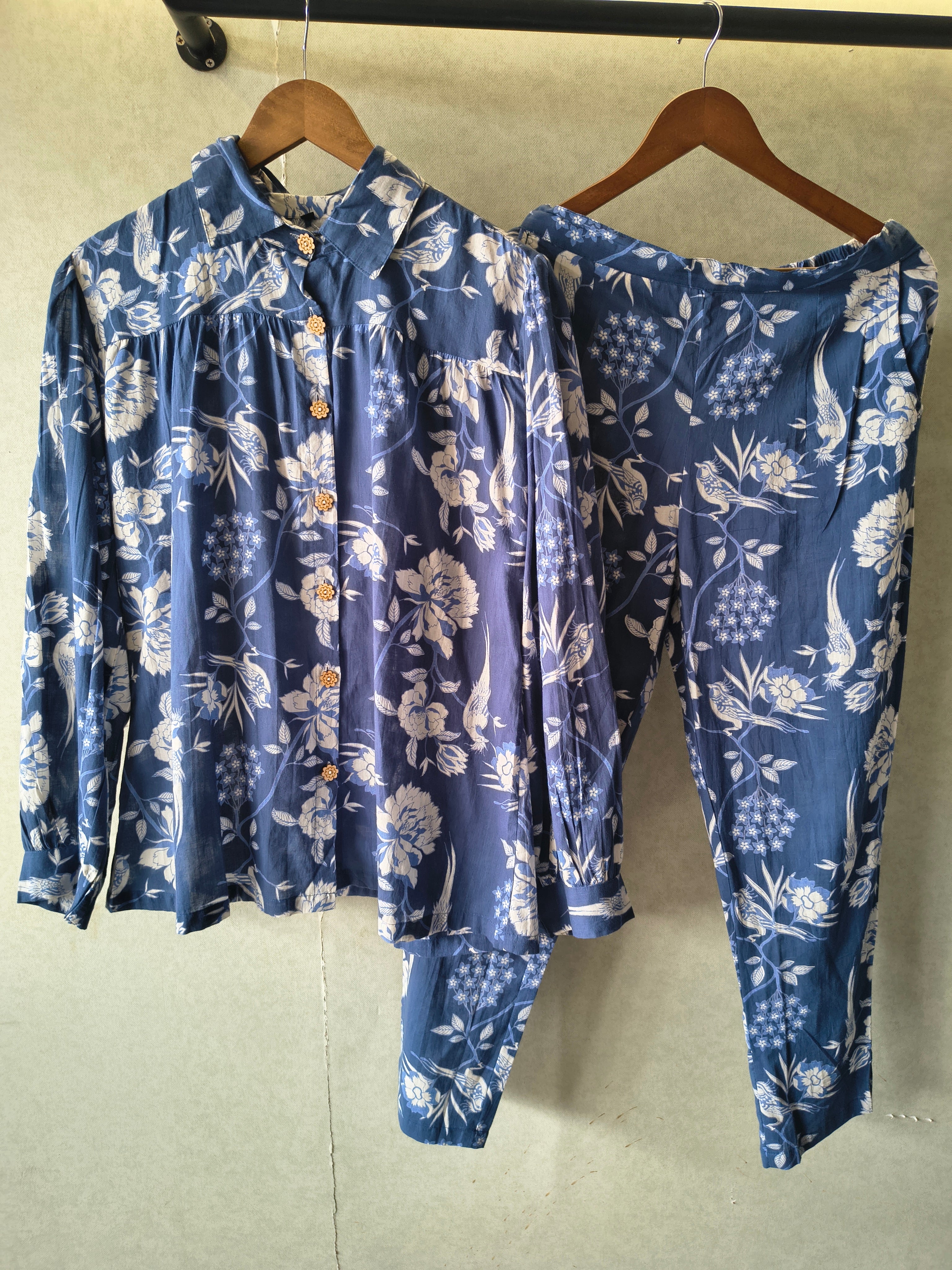 Image of Premium Blue Floral Bird Print Shirt Co-Ord Set