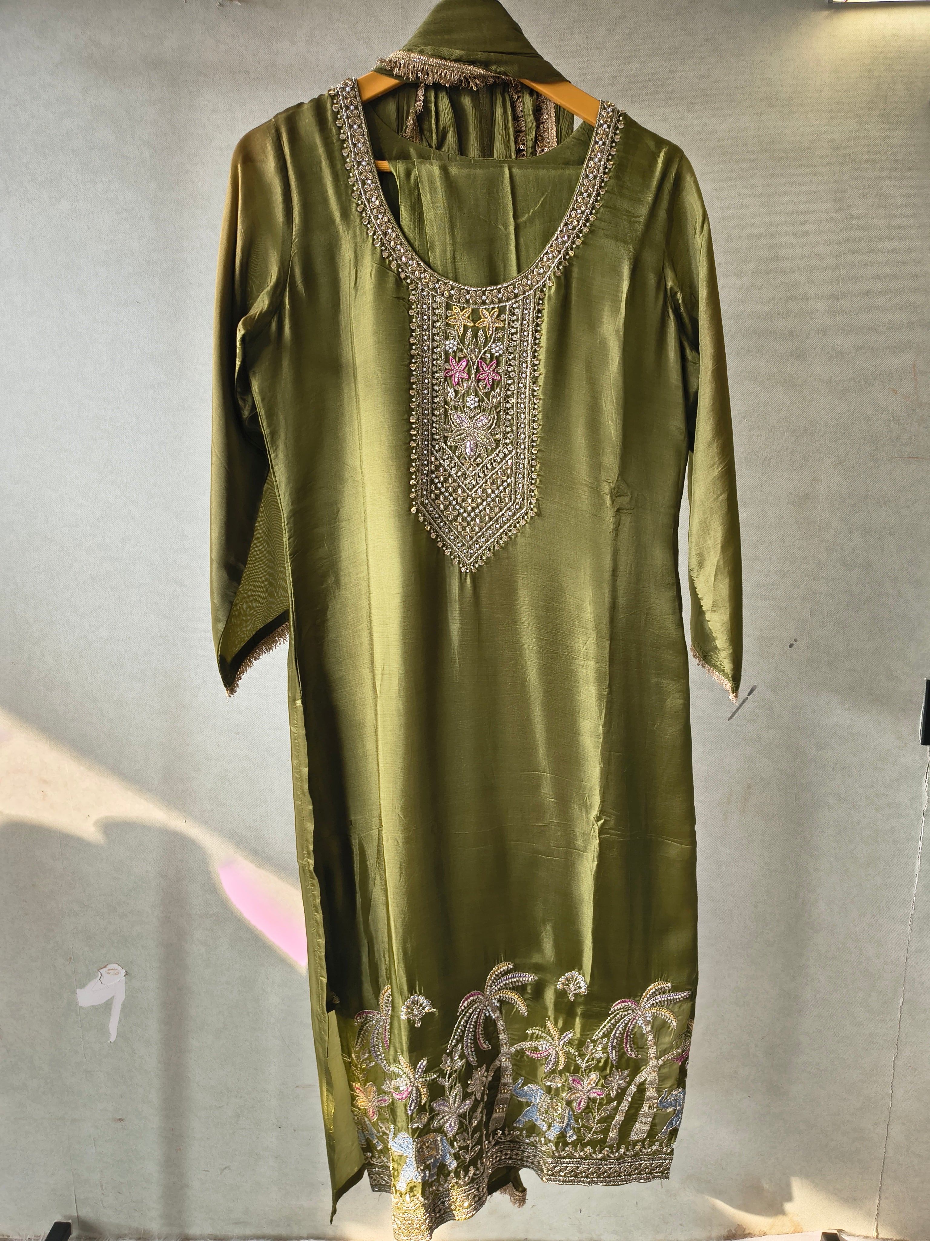 Image of Olive Green Embroidered Straight Kurta Set with Designer Yoke, Scenic Hem Embroidery & Lace Border Dupatta – Premium 3 Piece Ethnic Ensemble