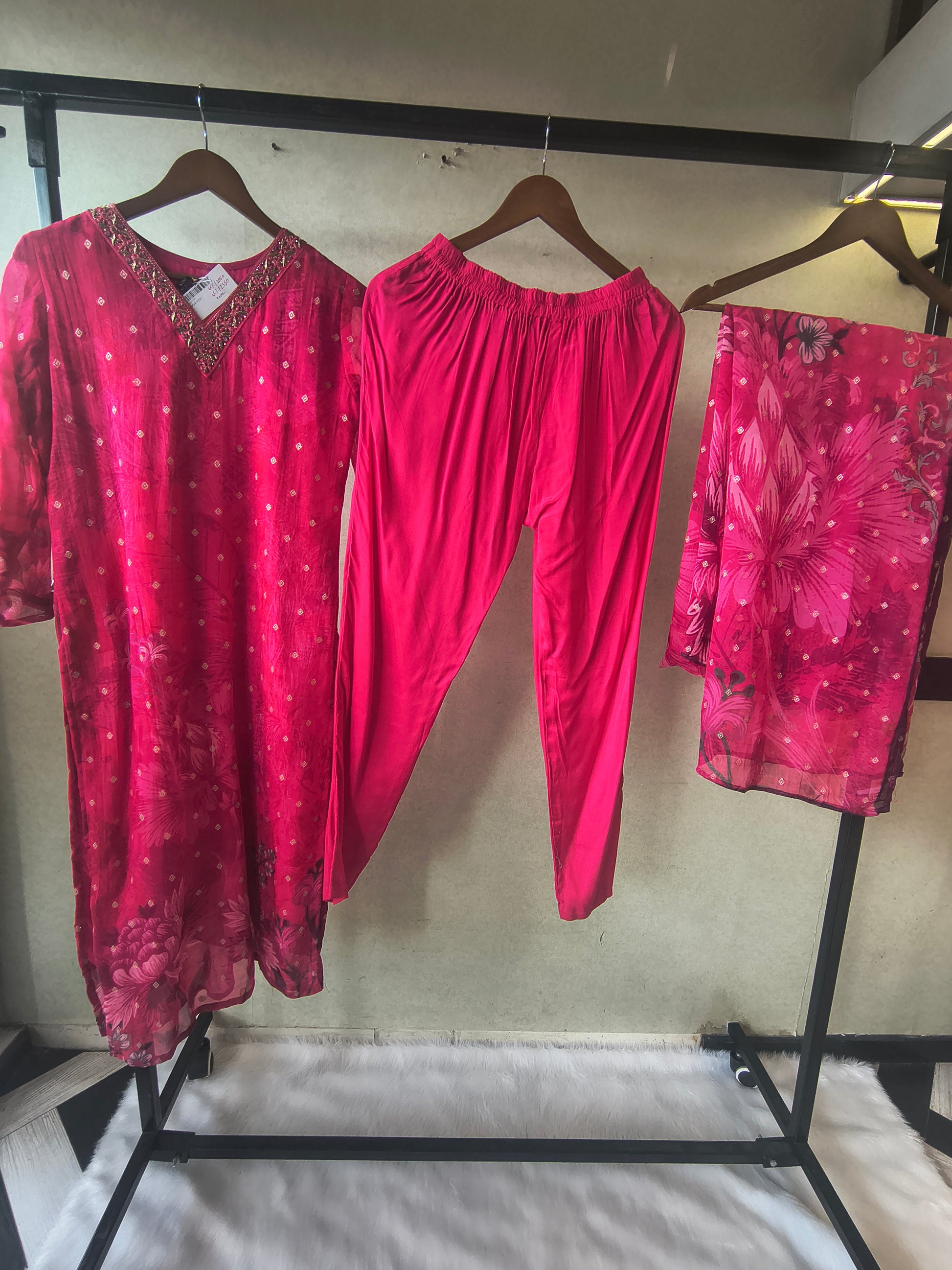 Premium Fuchsia Floral Printed Straight Kurta with Cigarette Pants & Dupatta Set