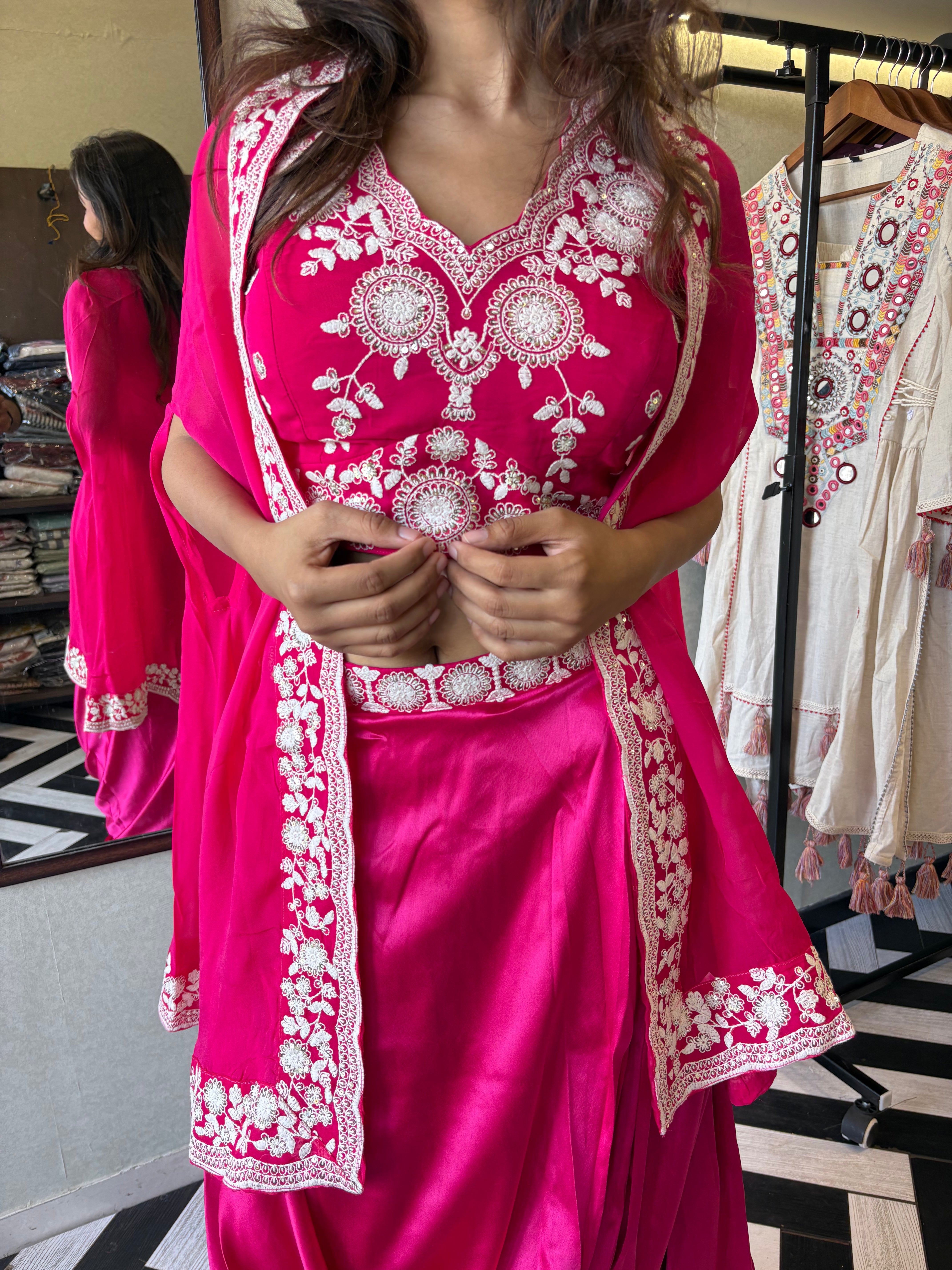 Image of Pure crepe 3-piece Indo-Western beauty, featuring stunning hand embroidery and a drape-style silhouette that turns every occasion into a fashion moment.